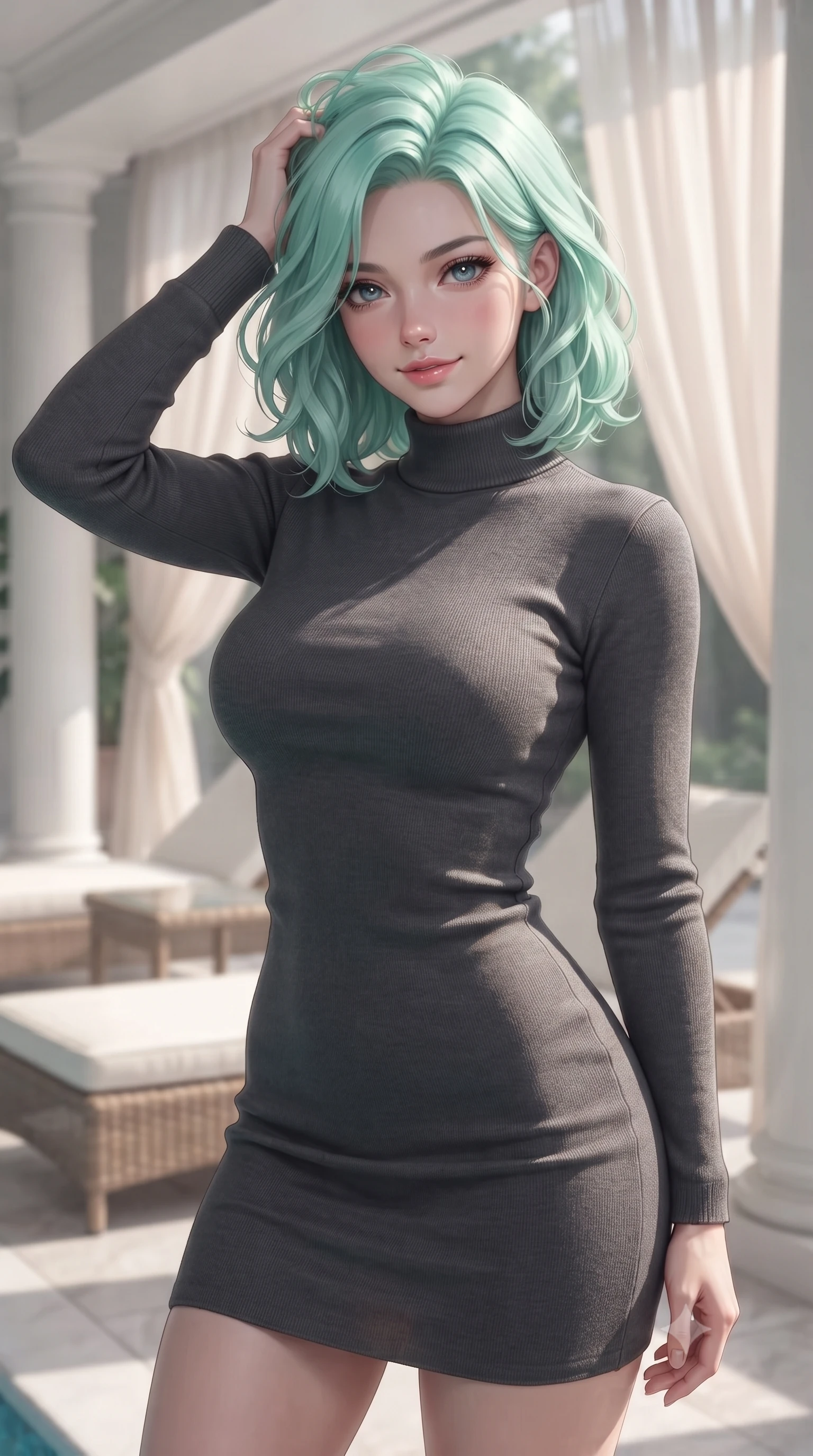 score_9, masterpiece, best quality, ultra-detailed, high-budget anime keyframe, editorial fashion photography, tasteful artistic composition, Japanese woman woman. close-up cowboy shot from the waist and thighs up, the character dominates the composition, filling the frame with her large presence, background elements kept in soft focus. smiling with quiet, magnetic self-assurance directly into the camera, running a hand through her hair the background shows a soft-focus an indoor pool house with white columns, rattan lounge chairs, and sheer silk drapes. She has an exceptionally elegant, slender, and willowy female figure with an ultra-slim waist, a gracefully sculpted slender torso, and a refined silhouette. sharp v-shaped jawline, high-bridge nose, intricate jewel-like eyes with depth, thick eyelashes, glossy lips with a natural sheen. wearing a slim-fit form-contouring bodycon sweater dress in charcoal grey, featuring a snug mock-neck. soft afternoon daylight filtered through drapes, creating a serene, dreamy mood. ultra-reflective glossy finish, specular highlights, metallic sheen, high-contrast stereoscopic depth, volumetric dynamic lighting, 2k, ultra detail, master piece, 9:16 ratio