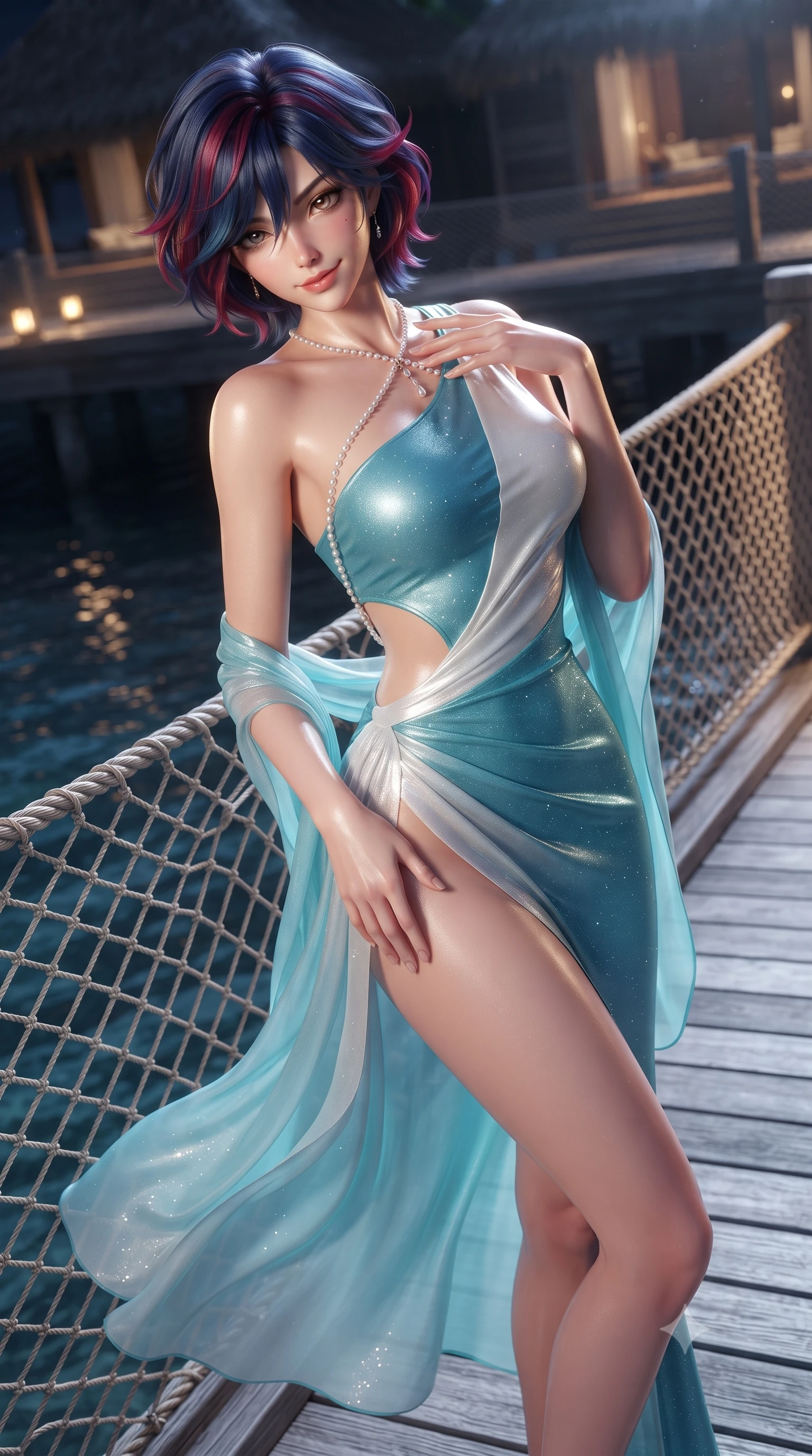 score_9, masterpiece, best quality, ultra-detailed, high-budget anime keyframe, editorial fashion photography, tasteful artistic composition, Korean woman. close-up cowboy shot from the waist and thighs up, the character dominates the composition, filling the frame with her large presence. tilting her head with a teasing half-smile, running one hand slowly down the side of her hip in a flirtatious S-curve as ambient light caresses her silhouette while twisting her slender torso in an alluring S-curve, warm equatorial ocean breezes fluttering her sheer wrap around her long slender legs and curvy hips. The surrounding environment is rendered in vivid detail and crisp panoramic clarity: sharp high-tension woven netting cordage, weathered silver-grey teak boardwalk texture, and clear water meniscus in deep focus. She has an exceptionally elegant, slender, and willowy female figure with an ultra-slim waist, flat toned midriff, narrow ribcage, and sculpted feminine hips creating an alluring, slim hourglass silhouette without bulk. sharp v-shaped jawline, high-bridge nose, sparkling eyes with hypnotic seductive depth, thick curled eyelashes, glossy parted lips with a natural dewy peach sheen, alluring bedroom-eyes with an enchanting coquettish smile, exuding magnetic siren charisma and sophisticated glamour, flawlessly proportioned anatomical accuracy, strict slender model proportions, natural body alignment, perfectly sculpted long slender limbs, ultra-slim waistline, clean dynamic posture without body distortion. wearing an asymmetric one-shoulder liquid jersey gown with dramatic hip-high slit and sculptural waist cutout in Maldives ocean cyan and shimmering pearl white, woven from stretch metallic lurex jersey casting radiant starlight glints across her silhouette, accented with a pearl-drop body harness subtly framing her dewy collarbones and spine, the high-slit wrap tailoring accentuating her ultra-slim waistline and the enchanting curve of her feminine hips with alluring seductive charm. bathed in warm 2600K amber under-deck courtesy LED lights combined with pure silver full moonlight. ultra-reflective glossy finish, specular highlights, rich textural contrasts, high-contrast stereoscopic depth, volumetric dynamic lighting, 2k, ultra detail, master piece, 9:16 ratio
