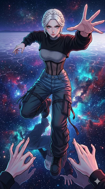 score_9, masterpiece, best quality, ultra-detailed, high-budget anime movie keyframe, cinematic anime lighting, intricate line art, Japanese woman. Extreme high angle shot as she leaps towards the camera, filling the frame. standing on a salt flat th