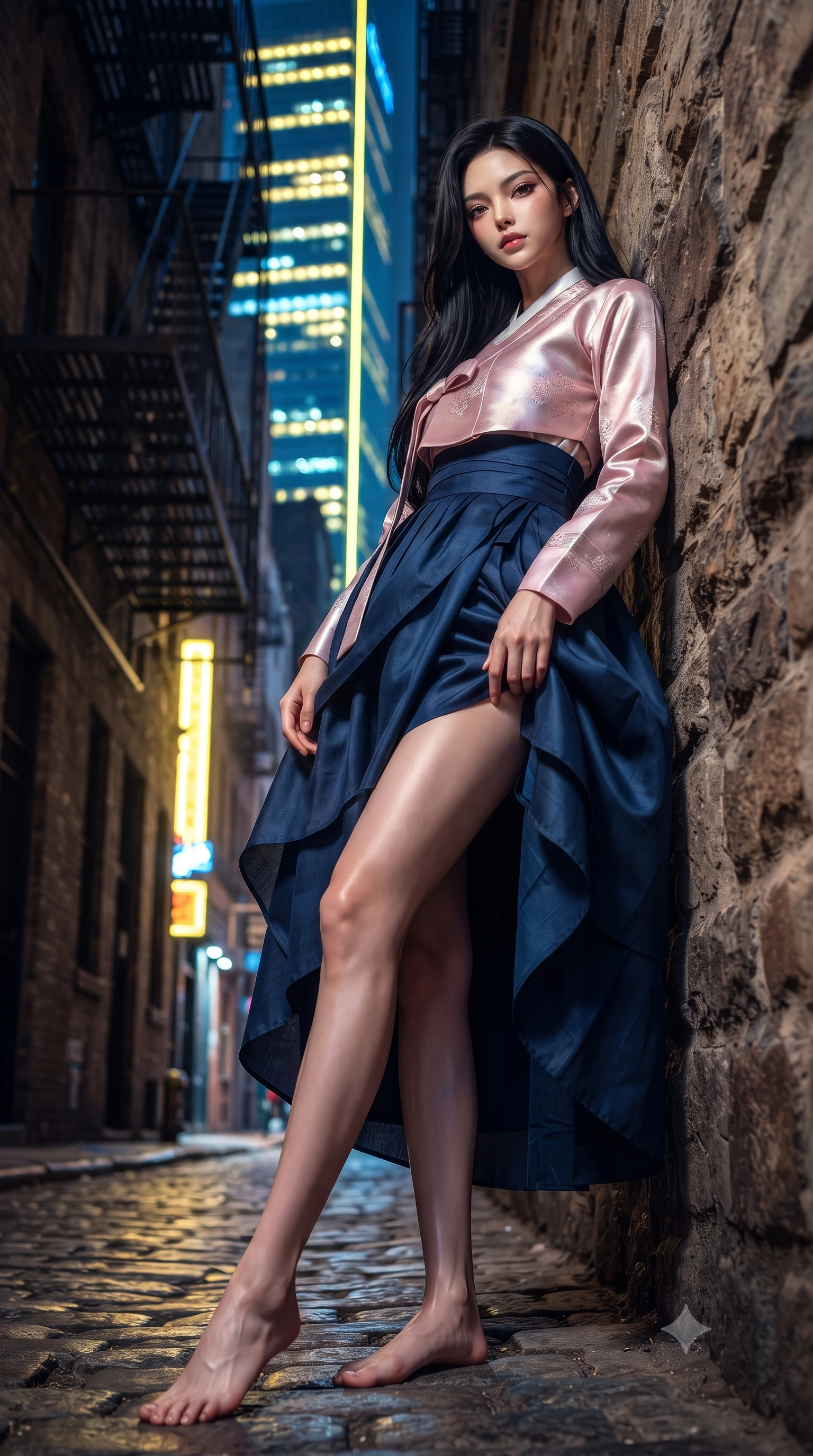score_9, masterpiece, best quality, ultra-detailed, high-budget anime keyframe, editorial fashion photography, tasteful artistic composition, Korean woman. low angle full-body shot from head to toe showing her feet, filling the entire 9:16 vertical frame with her statuesque presence, stretching her vertical silhouette. leaning back against a rustic stone wall, casting a slow, alluring gaze at the camera the background shows a soft-focus a narrow fire escape stairs attached to a towering neon skyscraper. She has an absolutely perfect, statuesque 8.5-heads proportion, an exceptionally tall and slender model-like female figure with impossibly long slender legs and an ultra-slim waist. sharp v-shaped jawline, high-bridge nose, intricate jewel-like eyes with depth, thick eyelashes, glossy lips with a natural sheen. wearing a tailored modern fusion hanbok jeogori in light pink silk, paired with a high-waisted wrap skirt. intense yellow and blue ambient glow from the massive advertisements across the street. ultra-reflective glossy finish, specular highlights, metallic sheen, high-contrast stereoscopic depth, volumetric dynamic lighting, 2k, ultra detail, master piece, 9:16 ratio