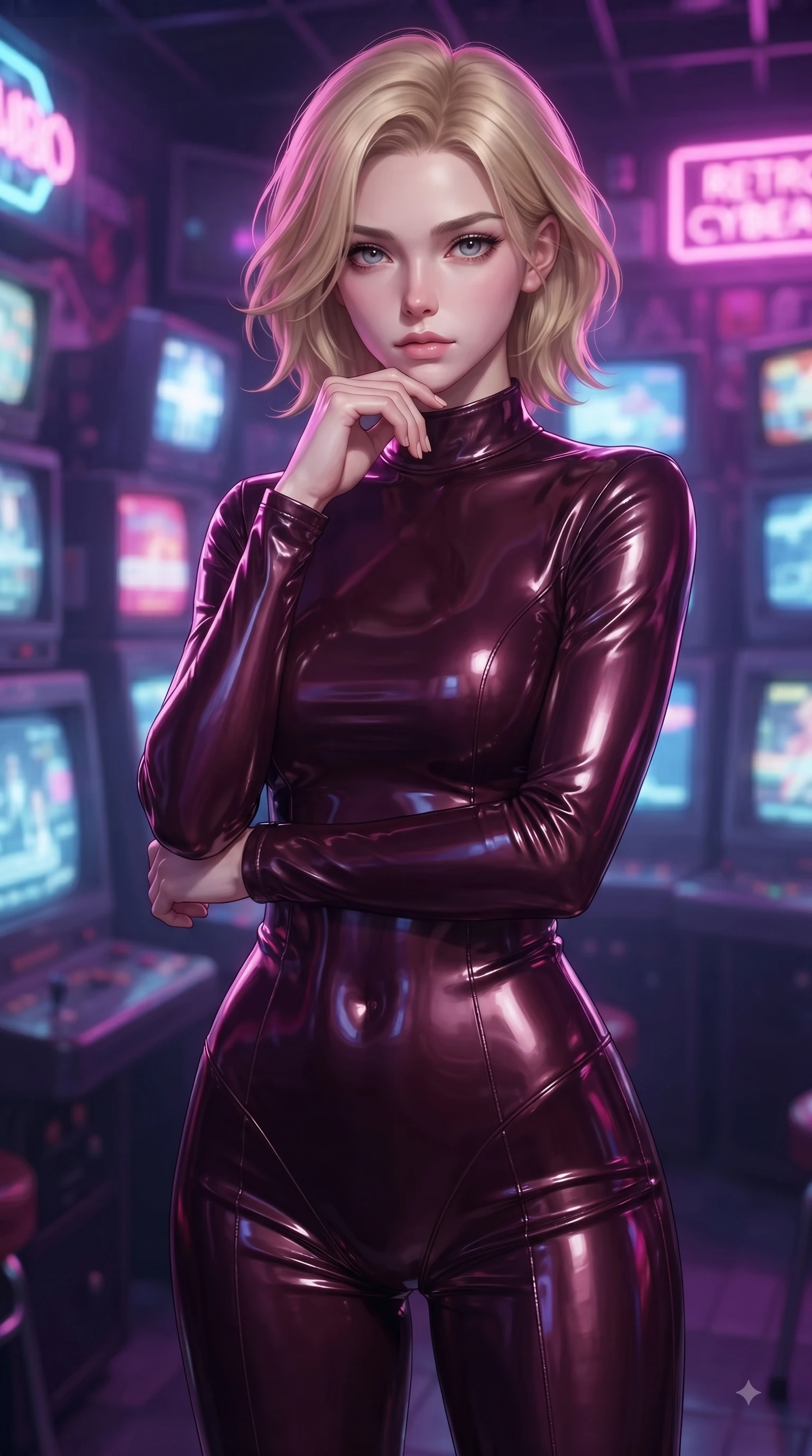 score_9, masterpiece, best quality, ultra-detailed, high-budget anime keyframe, editorial fashion photography, tasteful artistic composition, Caucasian woman woman. close-up cowboy shot from the waist and thighs up, the character dominates the composition, filling the frame with her large presence, background elements kept in soft focus. She has an exceptionally elegant, slender, and willowy female figure with an ultra-slim waist, a gracefully sculpted slender torso, and a refined silhouette. resting her chin on the back of her fingers in a thoughtful and effortless pose, flawlessly proportioned anatomical accuracy, natural body alignment, perfectly sculpted elegant limbs, clean dynamic posture without body distortion. set against a soft-focus background of a retro cyber arcade filled with glowing CRT screens and neon signs. wearing a form-fitting dark burgundy vinyl bodycon outfit with a high collar line. bathed in strobing violet and electric pink neon lights refracting on her outfit. ultra-reflective glossy finish, specular highlights, metallic sheen, high-contrast stereoscopic depth, volumetric dynamic lighting, 2k, ultra detail, master piece, 9:16 ratio