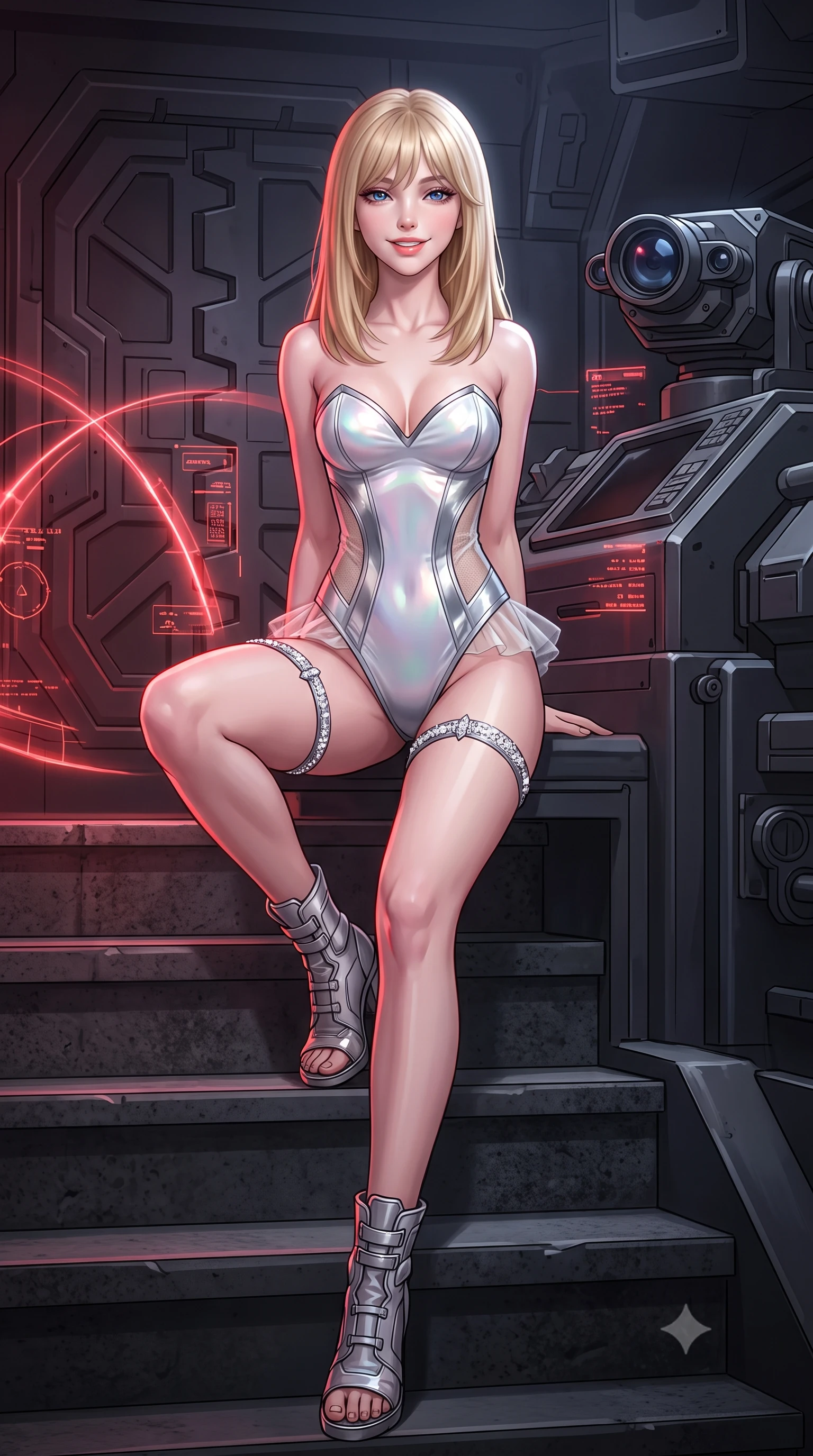 score_9, masterpiece, best quality, ultra-detailed, high-budget anime keyframe, semi-realistic 3D game render, editorial fashion photography, tasteful artistic composition, Japanese woman. low angle full-body shot from head to toe showing her feet, filling the entire 9:16 vertical frame with her statuesque presence, stretching her vertical silhouette. sitting poised on the stone steps with one knee bent, arching her spine with supermodel elegance as she glances upward through thick eyelashes while leaning against the heavy gunnery console with hips cocked back, looking through glowing red holographic firing arcs with intoxicated smoldering bedroom-eyes. The surrounding environment is rendered in vivid detail and crisp panoramic clarity: sharp armored blast door teeth, optical targeting sensor lenses, and digital ballistic telemetry readouts in deep focus. She has an exceptionally tall and slender model-like 8.5-heads proportion, an ultra-slim waist, a flat toned midriff, narrow delicate ribcage, and beautifully sculpted feminine hips creating a graceful, slim hourglass silhouette without any bulky heaviness, with impossibly long slender legs. sharp v-shaped jawline, high-bridge nose, intricate jewel-like sparkling eyes with depth, thick eyelashes, glossy parted lips with a natural peach sheen, bright cheerful beaming smile with an enchanting and coquettish sensual glint, exuding both youthful cute charm and seductive allure, flawlessly proportioned anatomical accuracy, strict slender model proportions, natural body alignment, perfectly sculpted long slender limbs, ultra-slim waistline, clean dynamic posture without body distortion. wearing an alluring plunging sweetheart tactical bodice with sheer mesh side-waist cutouts contouring her ribs in iridescent mother-of-pearl and liquid molten silver, featuring strategic sheer-illusion tulle side panels framing her ribcage and hips, finished with delicate crystal-encrusted thigh garter straps glinting in the dim light, the second-skin tailored fabric adhering flawlessly to her sculpted flat midriff and slender torso, emphasizing her long leg lines and perfectly proportioned willowy build. illuminated by gun deck reflection bounce and sharp ruby-red rim lights defining her jawline, narrow waist, and curvy hips. highly saturated vibrant anime colors, detailed shading with soft gradients, rich glossy textures, high-contrast stereoscopic depth, volumetric dynamic lighting, master piece, 9:16 ratio