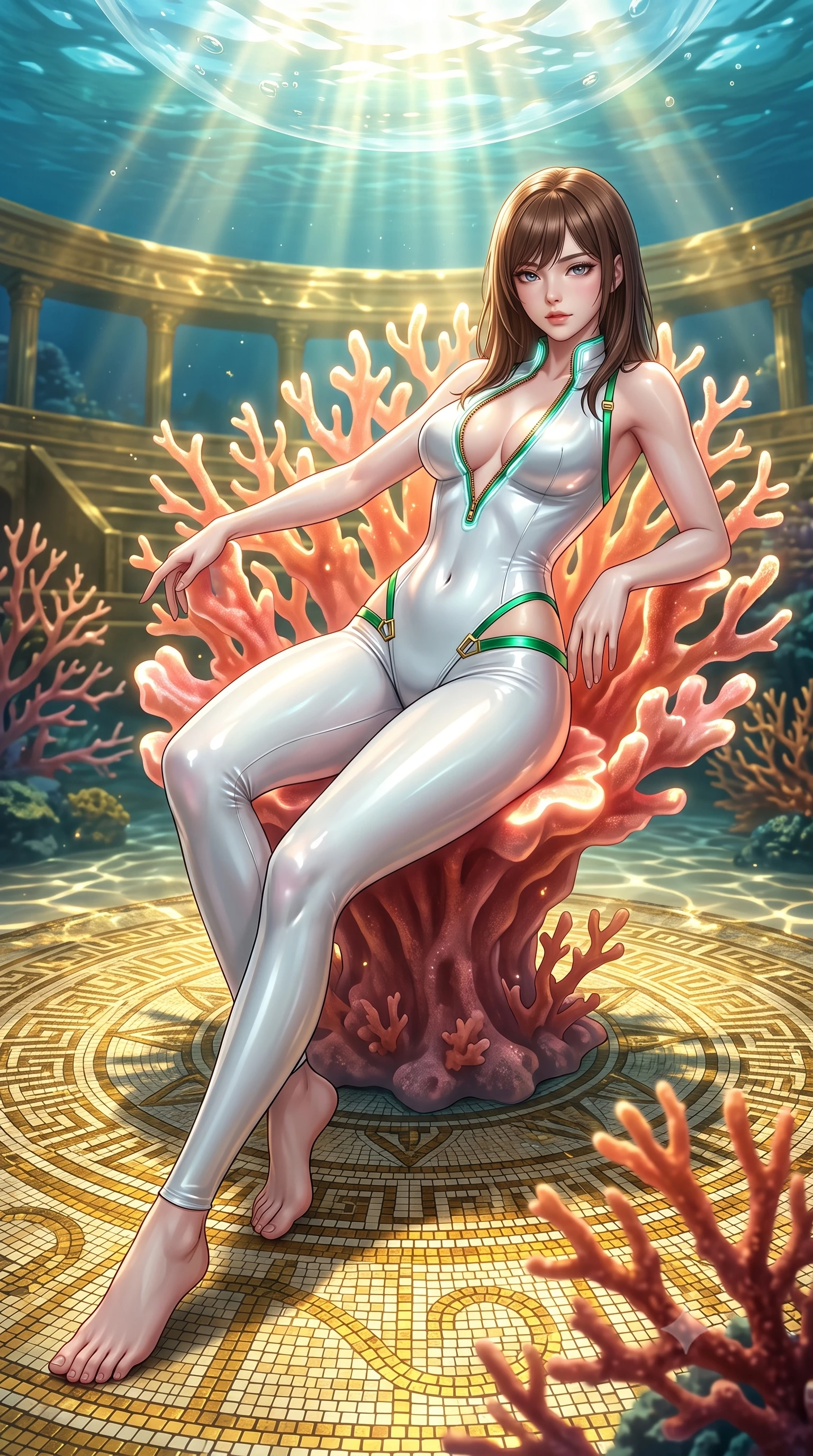 score_9, masterpiece, best quality, ultra-detailed, high-budget anime keyframe, semi-realistic 3D game render, editorial fashion photography, tasteful artistic composition, Korean woman. low angle full-body shot from head to toe showing her feet, filling the entire 9:16 vertical frame with her statuesque presence, stretching her vertical silhouette. pivoting dynamically in mid-motion with a breathtakingly alluring posture, displaying her flawless model proportions and ultra-slim waist while reclining gracefully on a glowing coral throne inside an ancient sunken golden amphitheatre beneath an air-bubble dome. The surrounding environment is rendered in vivid detail and crisp panoramic clarity. intricate gold mosaic floor patterns, sharp coral branch textures, and glowing aquatic caustics in deep focus. She has an absolutely perfect, statuesque 8.5-heads proportion, an exceptionally tall and slender model-like female figure with impossibly long slender legs, a toned flat midriff, and an ultra-slim waist. sharp v-shaped jawline, high-bridge nose, intricate jewel-like eyes with depth, thick eyelashes, glossy lips with a natural sheen, flawlessly proportioned anatomical accuracy, strict slender model proportions, natural body alignment, perfectly sculpted long slender limbs, ultra-slim waistline, clean dynamic posture without body distortion. wearing a second-skin white liquid-mercury micro-bodysuit sculpted tightly to her slender build, featuring razor-thin metallic straps and hip cutouts in bright emerald green satin and gold hardware, formed from high-gloss patent material with specular light reflections, featuring a dangerously unzipped neckline framed by glowing cybernetic accents, the form-contouring material adhering flawlessly to her sculpted flat midriff and slender torso, emphasizing her long leg lines and perfectly proportioned willowy build. bathed in shimmering golden sunlight caustics filtering through clear ocean waters. highly saturated vibrant anime colors, detailed shading with soft gradients, rich glossy textures, high-contrast stereoscopic depth, volumetric dynamic lighting, master piece, 9:16 ratio