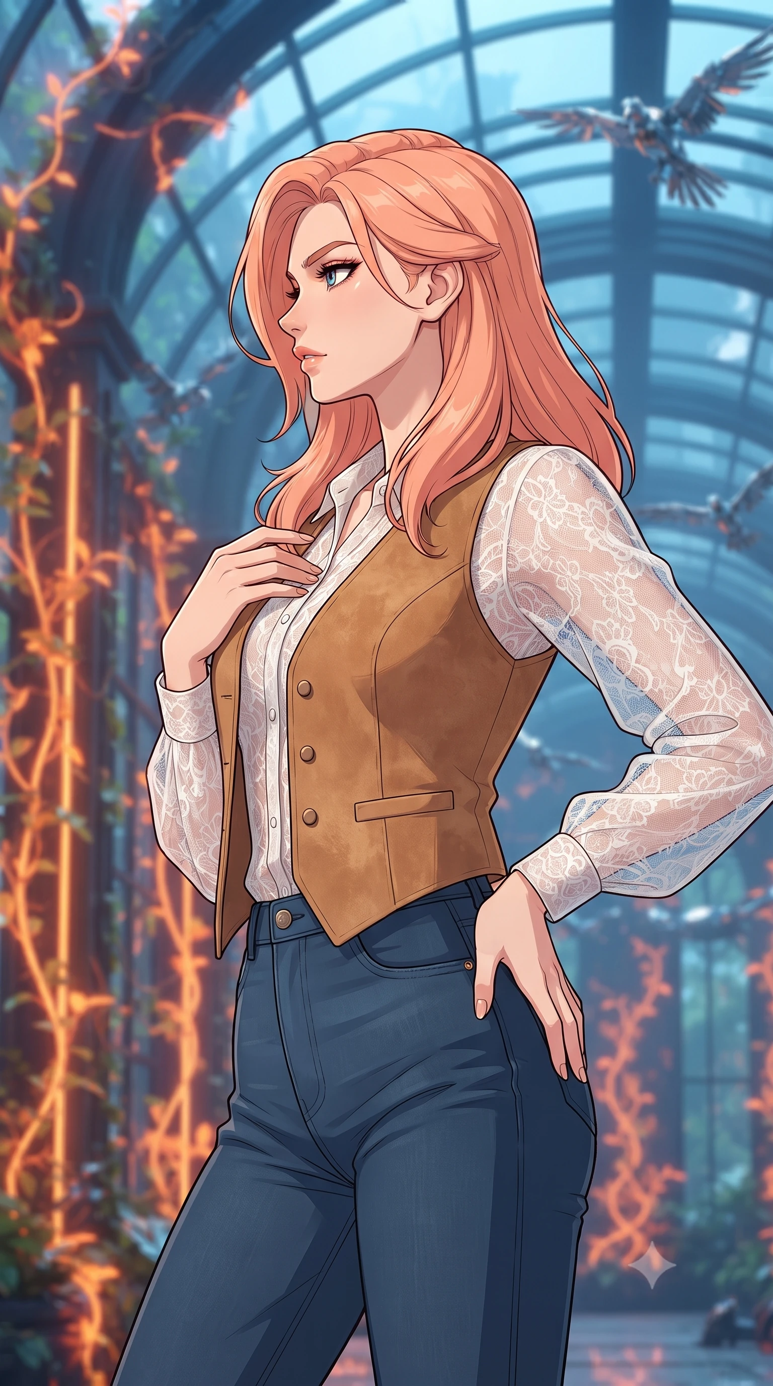 score_9, masterpiece, best quality, ultra-detailed, high-budget anime keyframe, gorgeous anime illustration, artistic 2d flat cel-shaded style, Japanese woman. close-up cowboy shot from the waist and thighs up, the character dominates the composition, filling the frame with her large presence, background elements kept in soft focus. Turning her face in sharp dramatic profile against the light. set against a soft-focus background of a massive greenhouse constructed from matte carbon-fiber arches where glowing neon orange vines climb the walls and mechanical birds made of chrome fly overhead. She has an exceptionally elegant and slender, willowy female figure with an ultra-slim waist, a gracefully sculpted slender torso, and a refined slim physique. sharp v-shaped jawline, high-bridge nose, intricate jewel-like eyes with depth, thick eyelashes, glossy lips with a natural sheen. wearing a sheer white lace blouse layered under a camel suede vest, paired with high-waisted dark blue jeans. warm neon orange light from the vines contrasting with cool blue interior lighting and chrome reflections from the birds. 2k, ultra detail, master piece, 9:16 ratio, vibrant anime color palette, flat color shading, 2d animation style