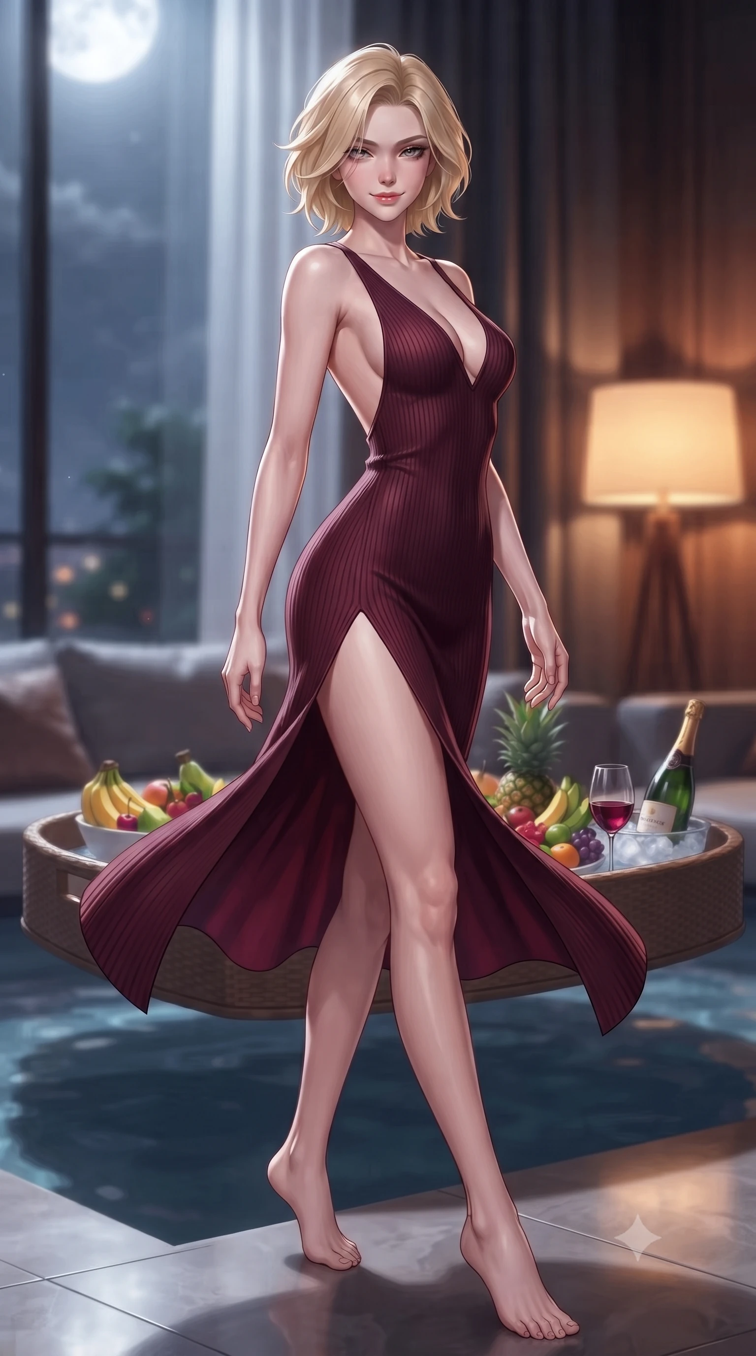 score_9, masterpiece, best quality, ultra-detailed, high-budget anime keyframe, editorial fashion photography, tasteful artistic composition, Caucasian woman. low angle full-body shot from head to toe showing her feet, filling the entire 9:16 vertical frame with her statuesque presence, stretching her vertical silhouette. twirling slowly with a sensual half-smile, letting her silky robe billow gently to reveal her elegant leg line set against a soft-focus background of inside an exclusive cocktail lounge with a floating pool tray of tropical fruits and chilled wine in soft focus. She has an absolutely perfect, statuesque 8.5-heads proportion, an exceptionally tall and slender model-like female figure with impossibly long slender legs and an ultra-slim waist. sharp v-shaped jawline, high-bridge nose, intricate jewel-like eyes with depth, thick eyelashes, glossy lips with a natural sheen. wearing tailored deep burgundy ribbed cashmere open-back silk slip dress featuring a deep V-neckline and a leg-lengthening side slit featuring refined tailored seams. illuminated by soft silver moonlight contrasting with the warm amber glow of a nearby lamp. highly saturated vibrant anime colors, detailed shading with soft gradients, rich glossy textures, high-contrast stereoscopic depth, volumetric dynamic lighting, master piece, 9:16 ratio