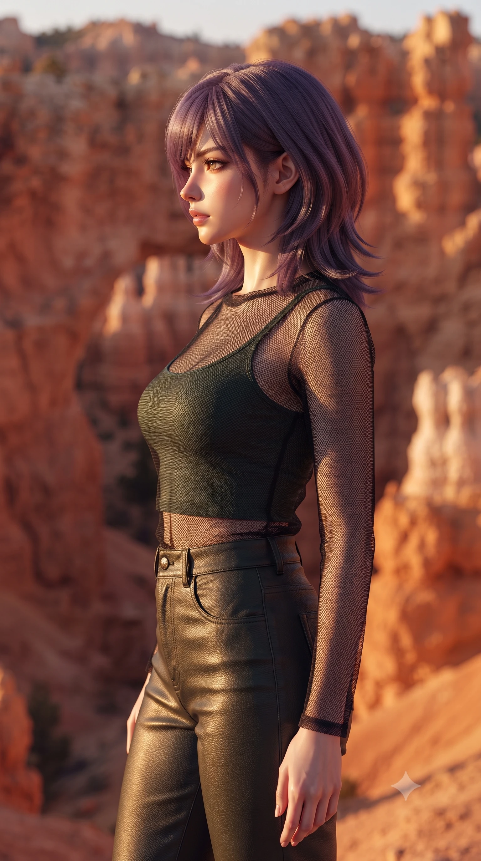 score_9, masterpiece, best quality, ultra-detailed, high-budget anime keyframe, editorial fashion photography, tasteful artistic composition, Japanese woman. close-up cowboy shot from the waist and thighs up, the character dominates the composition, filling the frame with her large presence, background elements kept in soft focus. Turning her face in sharp dramatic profile against the light. set against a soft-focus background of a natural amphitheater carved by millennia of wind erosion into red sandstone with impossible arches hoodoos and natural columns in warm terracotta colors the formations creating an acoustically perfect circular space. She has an exceptionally elegant and slender, willowy female figure with an ultra-slim waist, a gracefully sculpted slender torso, and a refined slim physique. sharp v-shaped jawline, high-bridge nose, intricate jewel-like eyes with depth, thick eyelashes, glossy lips with a natural sheen. wearing a transparent black mesh top over a fitted dark green tank top, paired with high-waisted leather trousers. warm low-angle golden sunlight painting the red sandstone formations in intense warm orange and deep purple shadows creating dramatic desert chiaroscuro. 2k, ultra detail, master piece, 9:16 ratio
