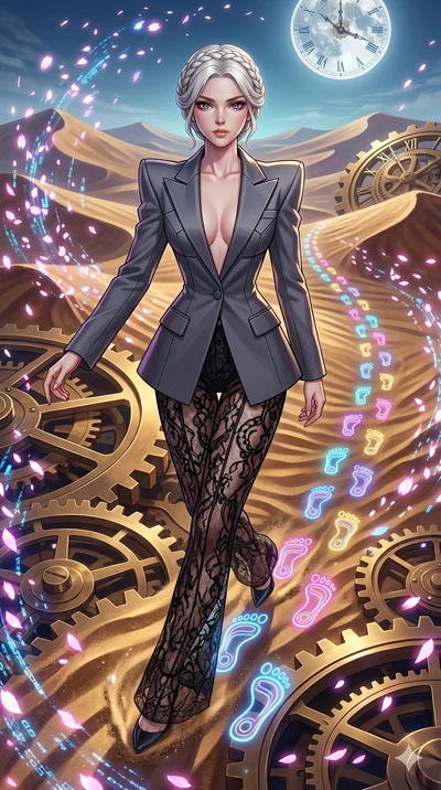 score_9, masterpiece, best quality, ultra-detailed, Set A: High-budget Anime Keyframe, Japanese woman. Upper body close-up from the thighs up, character filling the screen for maximum presence. Sliding through a clockwork desert, as she leaves a trai