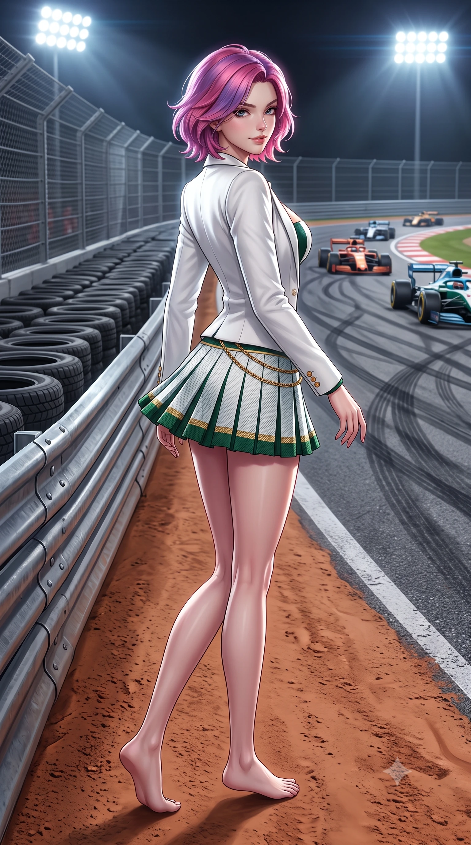 score_9, masterpiece, best quality, ultra-detailed, high-budget anime keyframe, semi-realistic 3D game render, editorial fashion photography, tasteful artistic composition, Caucasian woman. low angle full-body shot from head to toe showing her feet, filling the entire 9:16 vertical frame with her statuesque presence, stretching her vertical silhouette. walking slowly along the clay court baseline, looking back over her shoulder with an air of effortless grace and an alluring, smoldering smile while twisting her slender torso in an alluring S-curve as race cars compress through the legendary corner, wind sculpting her suit to her curves. The surrounding environment is rendered in vivid detail and crisp panoramic clarity: sharp rubber skid mark patterns on tarmac, tire stack texture, and steel safety barrier rivets in deep focus. She has an absolutely perfect, statuesque 8.5-heads proportion, an exceptionally tall and slender model-like female figure with impossibly long slender legs, an ultra-slim waist, a flat toned midriff, narrow delicate ribcage, and beautifully sculpted feminine hips creating a graceful, slim hourglass silhouette without any bulky heaviness. sharp v-shaped jawline, high-bridge nose, sparkling eyes with athletic focus and depth, thick curled eyelashes, glossy parted lips with a natural coral-peach sheen, bright confident and coquettish smile with alluring bedroom-eyes, exuding both youthful sporty vigor and sovereign high-society glamour, flawlessly proportioned anatomical accuracy, strict slender model proportions, natural body alignment, perfectly sculpted long slender limbs, ultra-slim waistline, clean dynamic posture without body distortion. wearing a tailored white blazer worn open over a plunging racing bandeau top and pleated tennis micro-skirt in crisp Wimbledon white and British racing green with gold accents, made of second-skin technical compression piqué knit with moisture-wicking stretch, accented with a delicate gold chain belt resting loosely on her curvy hips, the high-waisted wrap tailoring accentuating her ultra-slim waistline and the enchanting curve of her feminine hips with alluring sporty charm. illuminated by track reflections and sharp crystalline rim lights carving her razor-sharp jawline, narrow waist, and curvy hips. highly saturated vibrant anime colors, detailed shading with soft gradients, rich glossy textures, high-contrast stereoscopic depth, volumetric dynamic lighting, master piece, 9:16 ratio