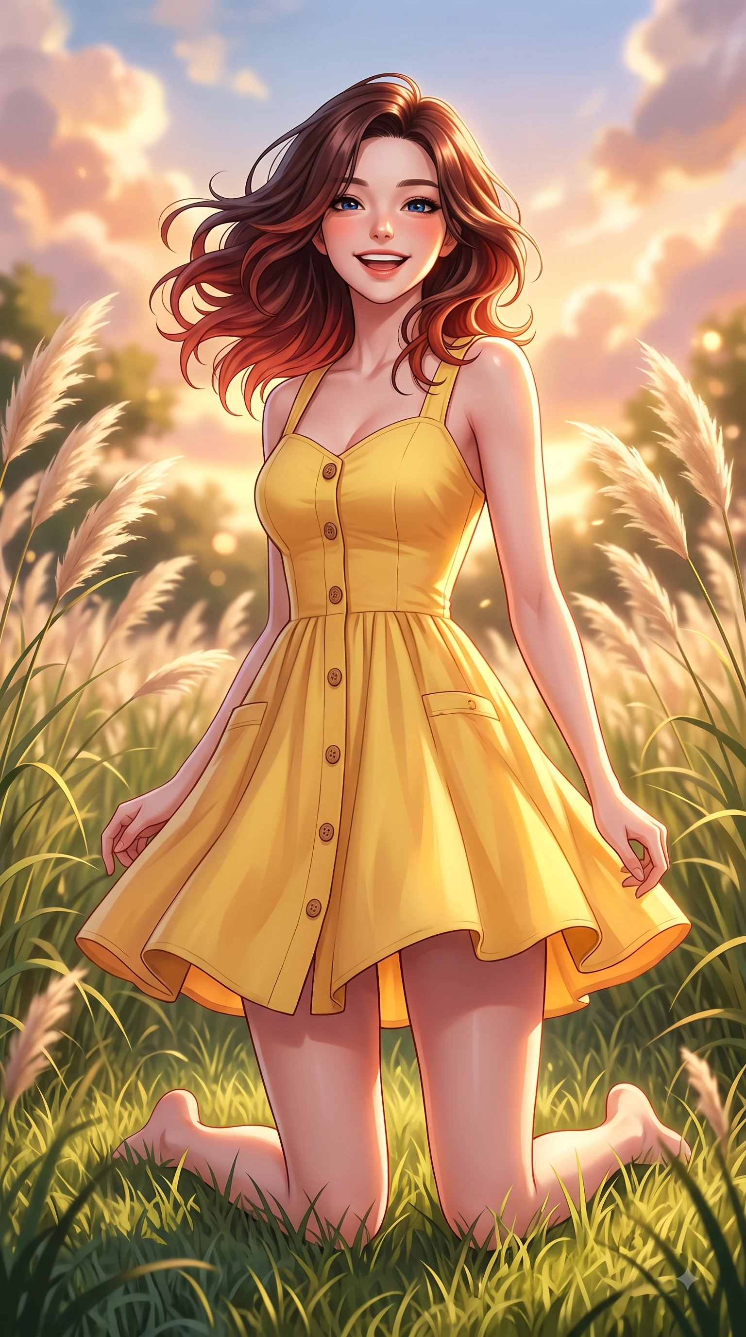 score_9, masterpiece, best quality, ultra-detailed, high-budget anime keyframe, editorial fashion photography, tasteful artistic composition, Korean woman. low angle full-body shot from head to toe showing her feet, filling the entire 9:16 vertical frame with her statuesque presence, stretching her vertical silhouette. performing a cheerful mid-motion turn with flawless poise, her radiant smile capturing fresh girlhood energy while resting on her knees on the lush grass with a joyful, beaming expression as warm sunset light warms her face. The composition keeps background elements in soft focus with dreamy bokeh. swaying pampas grass and glowing sunset clouds softened in a dreamy background focus. She has an absolutely perfect, statuesque 8.5-heads proportion, an exceptionally tall and slender model-like female figure with impossibly long slender legs and an ultra-slim waist. sharp v-shaped jawline, high-bridge nose, intricate jewel-like eyes with depth, thick eyelashes, glossy lips with a natural sheen, flawlessly proportioned anatomical accuracy, natural body alignment, perfectly sculpted elegant limbs, clean dynamic posture without body distortion. wearing a sunny yellow cotton sundress with a sweetheart neckline and wooden button accents in peach blossom pink and warm oatmeal, tailored from crisp cotton poplin, finished with neat front wooden buttons and pocket details, the relaxed yet flattering fit accentuating her naturally graceful and slender figure. surrounded by a serene, uplifting, and romantic park ambiance. highly saturated vibrant anime colors, detailed shading with soft gradients, rich glossy textures, high-contrast stereoscopic depth, volumetric dynamic lighting, master piece, 9:16 ratio