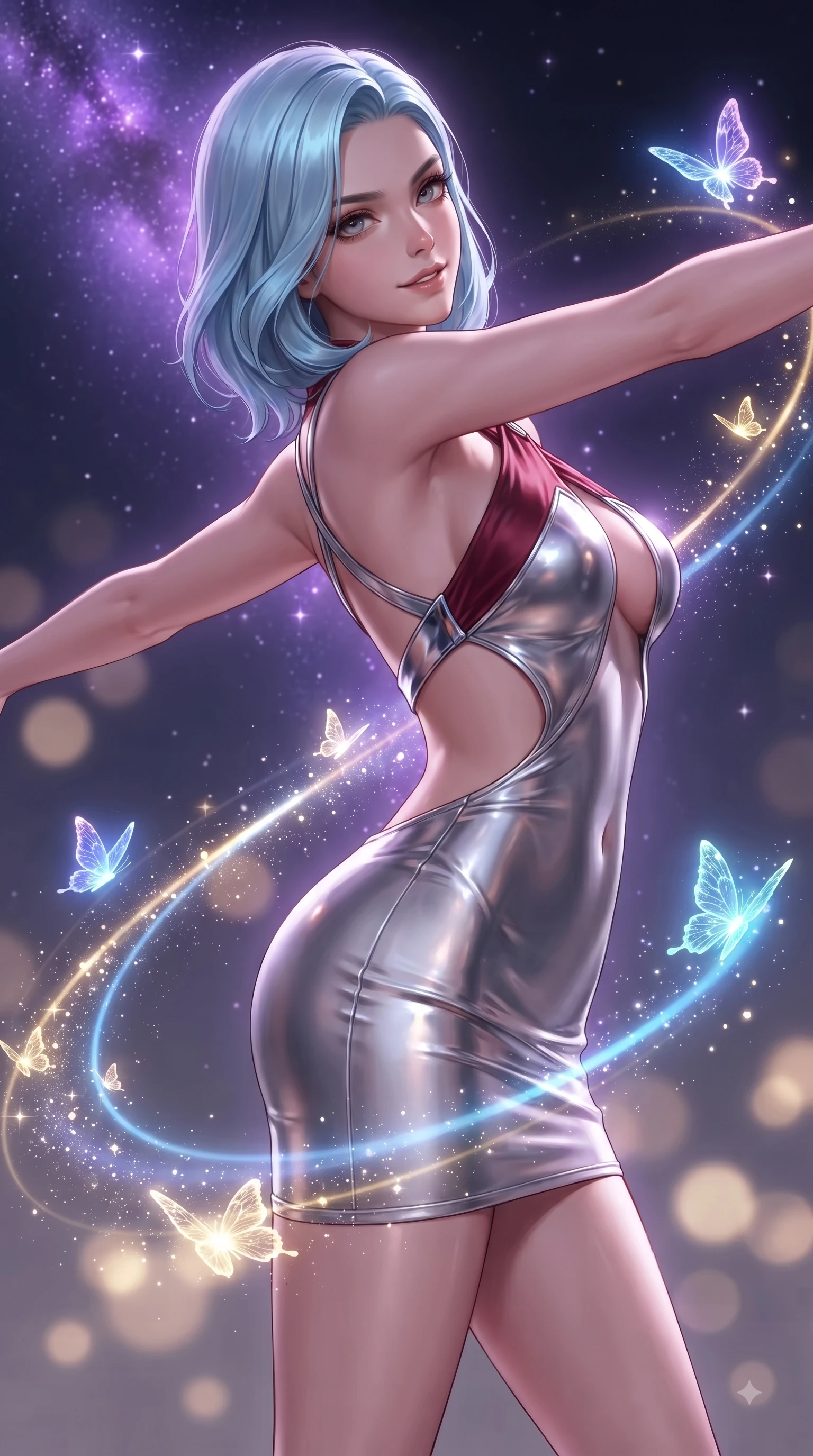 score_9, masterpiece, best quality, ultra-detailed, high-budget anime keyframe, editorial fashion photography, tasteful artistic composition, Korean woman. close-up cowboy shot from the waist and thighs up, the character dominates the composition, filling the frame with her large presence. stretching forward with an alluring arch of her spine, glancing over her shoulder with thick eyelashes and a smoldering half-smile while spreading her arms in a graceful zero-gravity flight pose as stardust and digital butterflies trail behind. The composition keeps background elements in soft focus with creamy bokeh. glowing butterfly flight paths creating soft luminous light trails across the backdrop. She has an exceptionally elegant, slender, and willowy female figure with an ultra-slim waist, a gracefully sculpted slender torso, and a refined silhouette. sharp v-shaped jawline, high-bridge nose, intricate jewel-like eyes with depth, thick eyelashes, glossy lips with a natural sheen, flawlessly proportioned anatomical accuracy, natural body alignment, perfectly sculpted elegant limbs, clean dynamic posture without body distortion. wearing a molten silver liquid-metal mini dress featuring deep side-waist cutouts and a daring crossover halter neckline in deep ruby red and polished chrome accents, crafted from ultra-reflective second-skin latex with a glass-like polish, complemented by criss-cross back straps highlighting her completely bare spine, the form-contouring second-skin material highlighting her ultra-slim waist and long lines. bathed in brilliant purple starlight and brilliant blue and gold light from the butterflies. ultra-reflective glossy finish, specular highlights, metallic sheen, high-contrast stereoscopic depth, volumetric dynamic lighting, 2k, ultra detail, master piece, 9:16 ratio