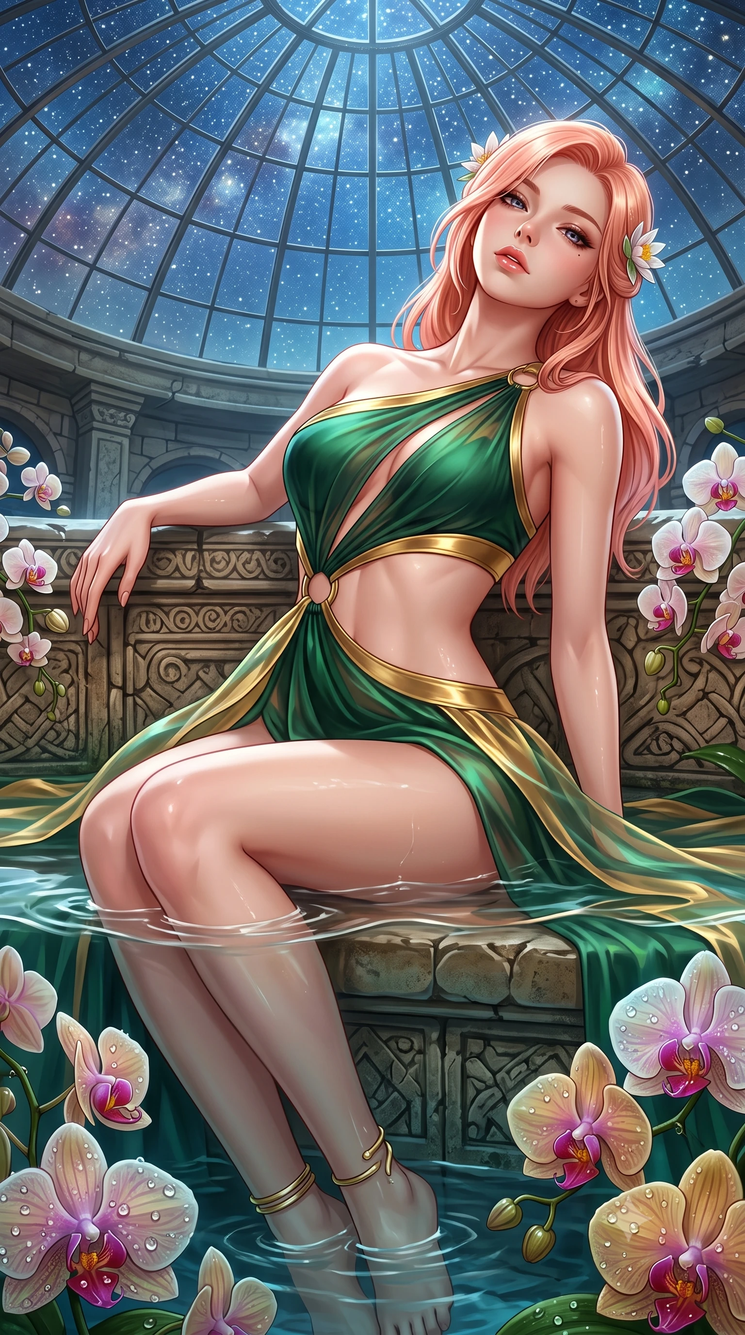 score_9, masterpiece, best quality, ultra-detailed, high-budget anime keyframe, semi-realistic 3D game render, editorial fashion photography, tasteful artistic composition, Japanese woman. close-up cowboy shot from the waist and thighs up, the character dominates the composition, filling the frame with her large presence. leaning back with relaxed seductive grace, her sculpted collarbones and narrow waist highlighted as she casts smoldering bedroom-eyes directly into the camera while resting on a submerged stone bench as warm water laps at her waist, head tilted back toward the starry glass dome with parted lips. The surrounding environment is rendered in vivid detail and crisp panoramic clarity. detailed dew droplets on exotic orchids, wet skin water beads, and stone masonry in high clarity. She has an exceptionally elegant, slender, and willowy female figure with an ultra-slim waist, a gracefully sculpted slender torso, toned flat midriff, and rounded feminine hips creating an alluring hourglass silhouette. sharp v-shaped jawline, high-bridge nose, intricate jewel-like eyes with depth, thick eyelashes, glossy parted lips with a natural sheen, intensely captivating and seductive bedroom-eyes expression, flawlessly proportioned anatomical accuracy, strict slender model proportions, natural body alignment, perfectly sculpted long slender limbs, ultra-slim waistline, clean dynamic posture without body distortion. wearing a modern water-nymph one-shoulder gown with an exposed midriff ring cutout and floating chiffon skirt in deep emerald green and polished brass gold, crafted from weightless prism organza that refracts light with every motion, accessorized with delicate water-lily hairpins and minimalist gold ankle cuffs, the second-skin form-contouring cut accentuating her sculpted flat midriff, narrow waistline, and dramatically curvy hips without adding bulk. surrounded by an otherworldly, sensual, and exquisitely pure water-lily nymph aura. highly saturated vibrant anime colors, detailed shading with soft gradients, rich glossy textures, high-contrast stereoscopic depth, volumetric dynamic lighting, master piece, 9:16 ratio