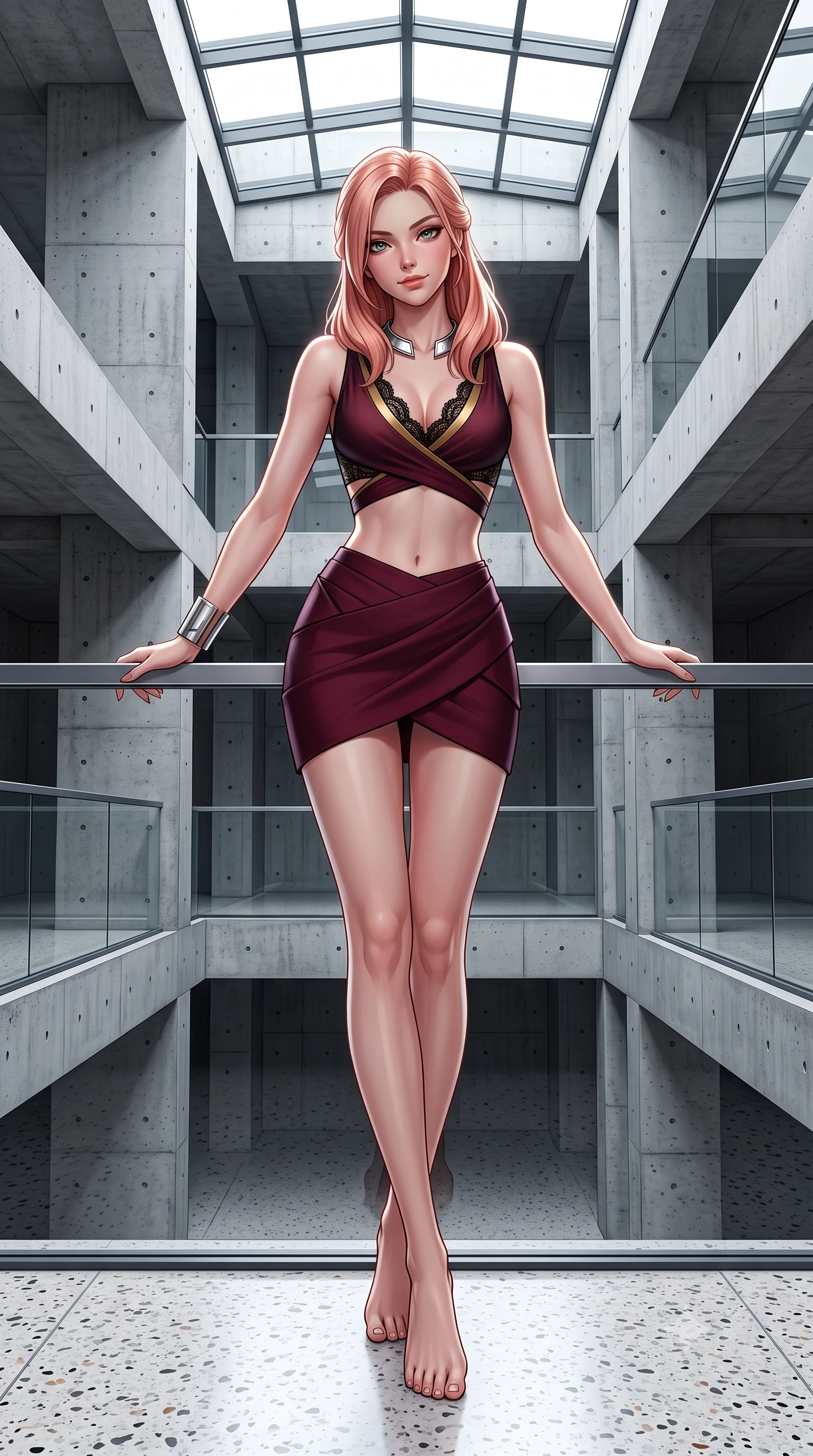 score_9, masterpiece, best quality, ultra-detailed, high-budget anime keyframe, semi-realistic 3D game render, editorial fashion photography, tasteful artistic composition, Japanese woman. low angle full-body shot from head to toe showing her feet, filling the entire 9:16 vertical frame with her statuesque presence, stretching her vertical silhouette. leaning deep against the balcony balustrade with hips cocked back in an unapologetically alluring high-fashion stance, casting an intoxicating glance while standing centered in the monumental exposed concrete atrium, arching her back with sculptural supermodel presence and razor-sharp gaze. The surrounding environment is rendered in vivid detail and crisp panoramic clarity: sharp board-formed concrete tie-hole textures, polished terrazzo floor aggregate, and glass skylight mullions in deep focus. She has an absolutely perfect, statuesque 8.5-heads proportion, an exceptionally tall and slender model-like female figure with impossibly long slender legs, an ultra-slim waist, a flat toned midriff, narrow delicate ribcage, and beautifully sculpted feminine hips creating a graceful, slim hourglass silhouette without any bulky heaviness. sharp v-shaped jawline, high-bridge nose, sparkling eyes with hypnotic seductive depth, thick curled eyelashes, glossy parted lips with a natural dewy peach sheen, alluring bedroom-eyes with an enchanting coquettish smile, exuding magnetic siren charisma and sophisticated glamour, flawlessly proportioned anatomical accuracy, strict slender model proportions, natural body alignment, perfectly sculpted long slender limbs, ultra-slim waistline, clean dynamic posture without body distortion. wearing a high-waisted architectural wrap mini skirt with clean structural lines paired with a plunging criss-cross crop top in smoldering bordeaux wine and liquid gold with black chantilly lace, made of semi-opaque stretch illusion mesh with soft shadowy contours, finished with a sculptural silver torque collar and a matching wide architectural wrist cuff, the second-skin tailored fabric adhering flawlessly to her sculpted flat midriff and slender torso, emphasizing her long leg lines and perfectly proportioned willowy build. illuminated by white floor bounce fill and sharp platinum rim lights sculpting her razor-sharp jawline, narrow waist, and curvy hips. highly saturated vibrant anime colors, detailed shading with soft gradients, rich glossy textures, high-contrast stereoscopic depth, volumetric dynamic lighting, master piece, 9:16 ratio
