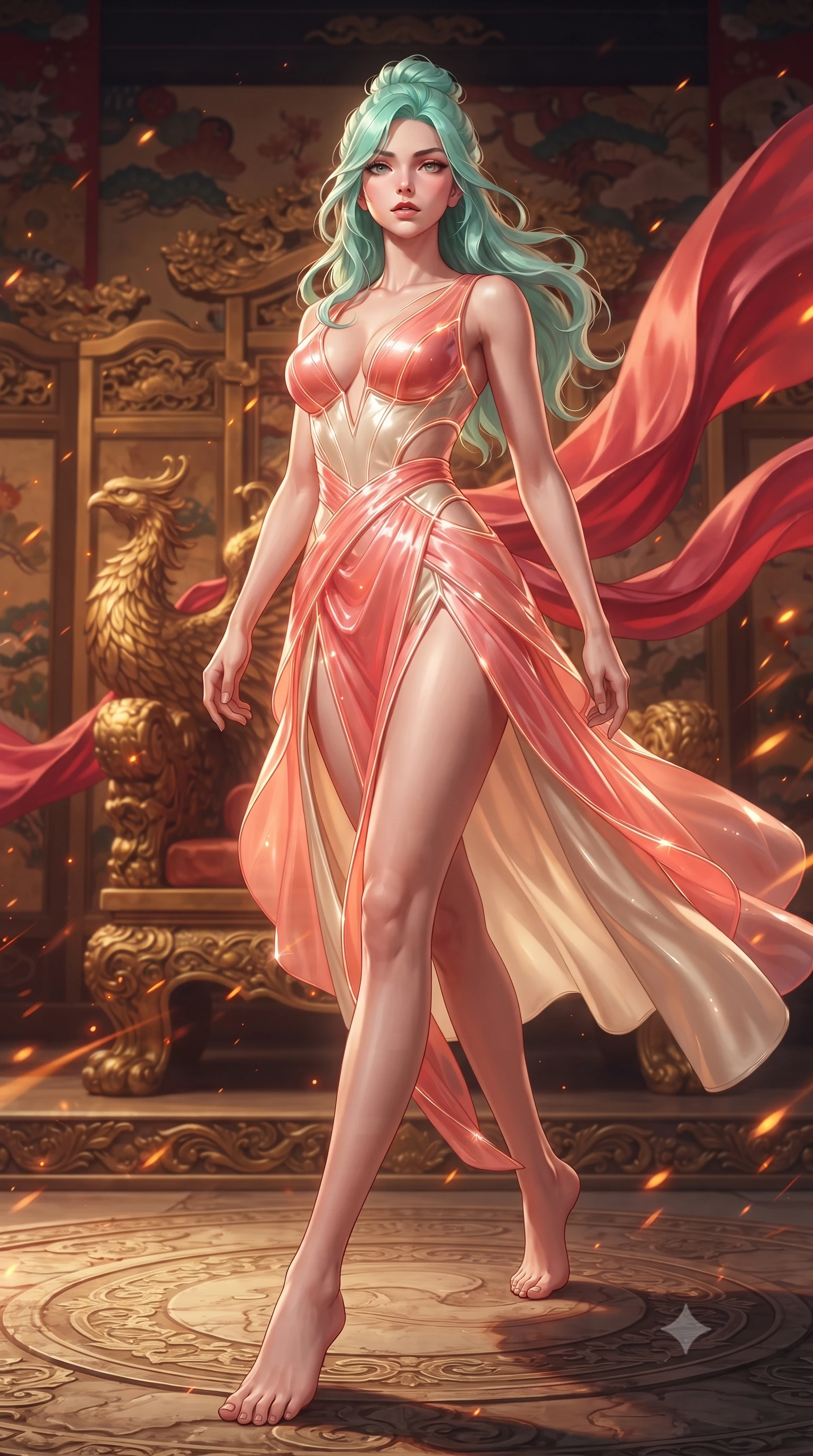 score_9, masterpiece, best quality, ultra-detailed, high-budget anime keyframe, editorial fashion photography, tasteful artistic composition, Japanese woman. low angle full-body shot from head to toe showing her feet, filling the entire 9:16 vertical frame with her statuesque presence, stretching her vertical silhouette. striding forward in a proud, statuesque motion with a dangerous smolder, her vertical silhouette dominating the frame from head to toe while pivoting dynamically near a carved gold phoenix throne as flowing crimson silk drapes billow in a warm breeze. The composition keeps background elements in soft focus with creamy bokeh. glowing amber light trails and embers scattering warmth across a majestic imperial backdrop. She has an absolutely perfect, statuesque 8.5-heads proportion, an exceptionally tall and slender model-like female figure with impossibly long slender legs, a toned flat midriff, and an ultra-slim waist. sharp v-shaped jawline, high-bridge nose, intricate jewel-like eyes with depth, thick eyelashes, glossy lips with a natural sheen, flawlessly proportioned anatomical accuracy, strict slender model proportions, natural body alignment, perfectly sculpted long slender limbs, ultra-slim waistline, clean dynamic posture without body distortion. wearing a translucent iridescent organza wrap dress with structured bustier boning, plunging neckline, and high-cut dual leg slits in radiant coral pink and champagne ivory, formed from high-gloss patent material with specular light reflections, accented with glowing fiber-optic seams tracing her collarbones and hip curves, the precision-cut daring openings accentuating her delicate midriff, graceful bare collarbones, and ultra-slim feminine waistline. surrounded by an opulent, royal, and fiercely captivating oriental empress aura. ultra-reflective glossy finish, specular highlights, metallic sheen, high-contrast stereoscopic depth, volumetric dynamic lighting, 2k, ultra detail, master piece, 9:16 ratio