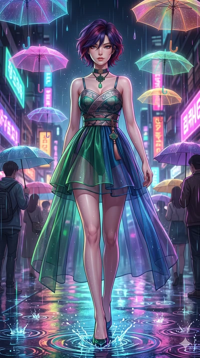 score_9, masterpiece, best quality, ultra-detailed, high-budget anime keyframe, Korean woman. low angle full-body shot filling the entire 9:16 frame with her statuesque presence, stretching the vertical silhouette. navigating a wet neon-lit future st
