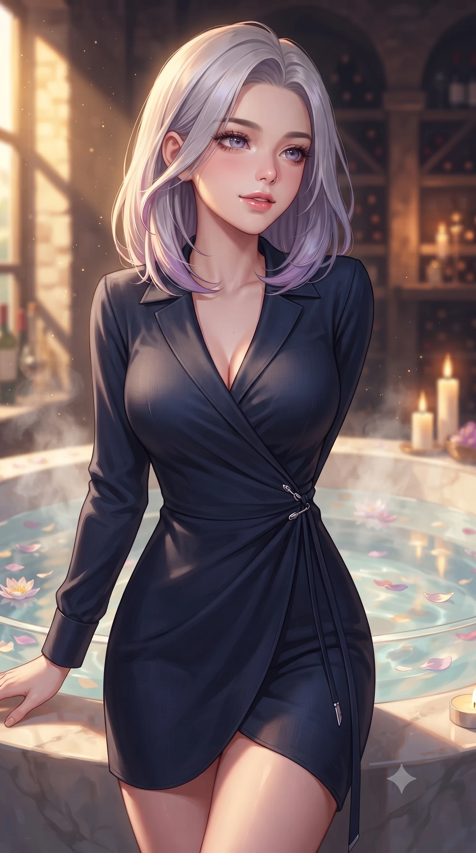 score_9, masterpiece, best quality, ultra-detailed, high-budget anime keyframe, editorial fashion photography, tasteful artistic composition, Caucasian woman. close-up cowboy shot from the waist and thighs up, the character dominates the composition, filling the frame with her large presence, background elements kept in soft focus. gazing past the camera with a dreamy, sensual smile, her face illuminated by warm candlelight set against a soft-focus background of inside an exclusive wine cellar alcove with rising mineral steam and floating flower petals on the clear water surface. She has an exceptionally elegant, slender, and willowy female figure with an ultra-slim waist, a gracefully sculpted slender torso, and a refined silhouette. sharp v-shaped jawline, high-bridge nose, intricate jewel-like eyes with depth, thick eyelashes, glossy lips with a natural sheen. wearing body-hugging midnight navy soft linen sleek long-sleeve silk wrap dress contouring her ultra-slim waist elegantly accented with delicate silver hardware. bathed in warm golden hour sunbeams that cast long, romantic shadows across the floor. highly saturated vibrant anime colors, detailed shading with soft gradients, rich glossy textures, high-contrast stereoscopic depth, volumetric dynamic lighting, master piece, 9:16 ratio
