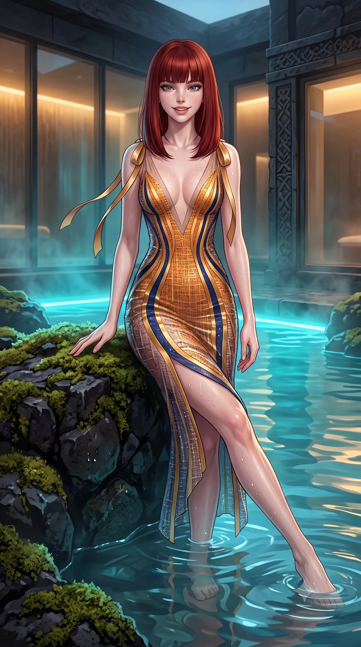 score_9, masterpiece, best quality, ultra-detailed, high-budget anime keyframe, editorial fashion photography, tasteful artistic composition, Caucasian woman. low angle full-body shot from head to toe showing her feet, filling the entire 9:16 vertical frame with her statuesque presence, stretching her vertical silhouette. stepping forward in a confident stride, her long slender legs and curvaceous hips creating a dynamic, sweeping vertical line while lounging in the warm geothermal water propped on the mossy lava rim with legs extended, her statuesque 8.5-heads silhouette commanding the sanctuary. The surrounding environment is rendered in vivid detail and crisp panoramic clarity: detailed garment lines, wet cling or sheer fit, and Icelandic volcanic architecture in razor-sharp precision. She has an exceptionally tall and slender model-like 8.5-heads proportion, an ultra-slim waist, a flat toned midriff, narrow delicate ribcage, and beautifully sculpted feminine hips creating a graceful, slim hourglass silhouette without any bulky heaviness, with impossibly long slender legs. sharp v-shaped jawline, high-bridge nose, intricate jewel-like sparkling eyes with depth, thick eyelashes, glossy parted lips with a natural peach sheen, bright cheerful beaming smile with an enchanting and coquettish sensual glint, exuding both youthful cute charm and seductive allure, flawlessly proportioned anatomical accuracy, strict slender model proportions, natural body alignment, perfectly sculpted long slender limbs, ultra-slim waistline, clean dynamic posture without body distortion. wearing a plunge-front sheer illusion tulle slip dress with liquid gold ribbon stripes hugging her curves in Seville orange blossom gold and midnight moorish indigo, woven from structured British tweed with subtle metallic flecks, finished with satin ribbon ties at the shoulders fluttering in the gentle breeze, the liquid-tight tailored fabric clinging flawlessly to her narrow waist and rounded feminine hips, emphasizing every millimeter of her sculpted slim hourglass curves without any bulky heaviness. bathed in underwater pool turquoise-cyan LEDs combined with soft warm 2700K interior cove lighting through glass. ultra-reflective glossy finish, specular highlights, rich textural contrasts, high-contrast stereoscopic depth, volumetric dynamic lighting, 2k, ultra detail, master piece, 9:16 ratio