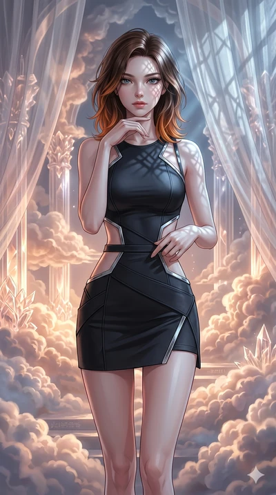 score_9, masterpiece, best quality, ultra-detailed, high-budget anime keyframe, editorial fashion photography, tasteful artistic composition, Korean woman. cowboy shot from the thighs up, character and outfit filling the frame for maximum editorial p