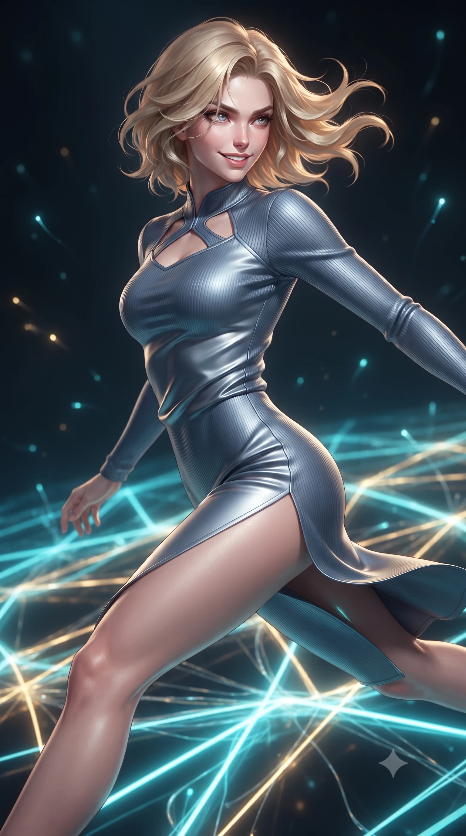 score_9, masterpiece, best quality, ultra-detailed, high-budget anime keyframe, editorial fashion photography, tasteful artistic composition, Caucasian woman. close-up cowboy shot from the waist and thighs up, the character dominates the composition, filling the frame with her large presence, background elements kept in soft focus. Pivoting sharply while looking back over her shoulder with heavy lashes and a confident, intense gaze while leaping across a geometric light matrix with glowing filament threads fluttering behind her, glowing fiber optic motes drifting like fireflies in the dark background. She has an exceptionally elegant, slender, and willowy female figure with an ultra-slim waist, a gracefully sculpted slender torso, and a refined silhouette. sharp v-shaped jawline, high-bridge nose, intricate jewel-like eyes with depth, thick eyelashes, glossy lips with a natural sheen, flawlessly proportioned anatomical accuracy, natural body alignment, perfectly sculpted elegant limbs, clean dynamic posture without body distortion. wearing a form-fitting ribbed activewear set with elegant collar cutouts in slate blue and metallic silver, crafted from lustrous satin jersey with fluid draping, finished with a sleek side slit ascending to mid-thigh, the sleek second-skin texture accentuating her magnetic presence. illuminated by the brilliant glow of cyan and gold luminescent plasma ribbons. ultra-reflective glossy finish, specular highlights, metallic sheen, high-contrast stereoscopic depth, volumetric dynamic lighting, 2k, ultra detail, master piece, 9:16 ratio