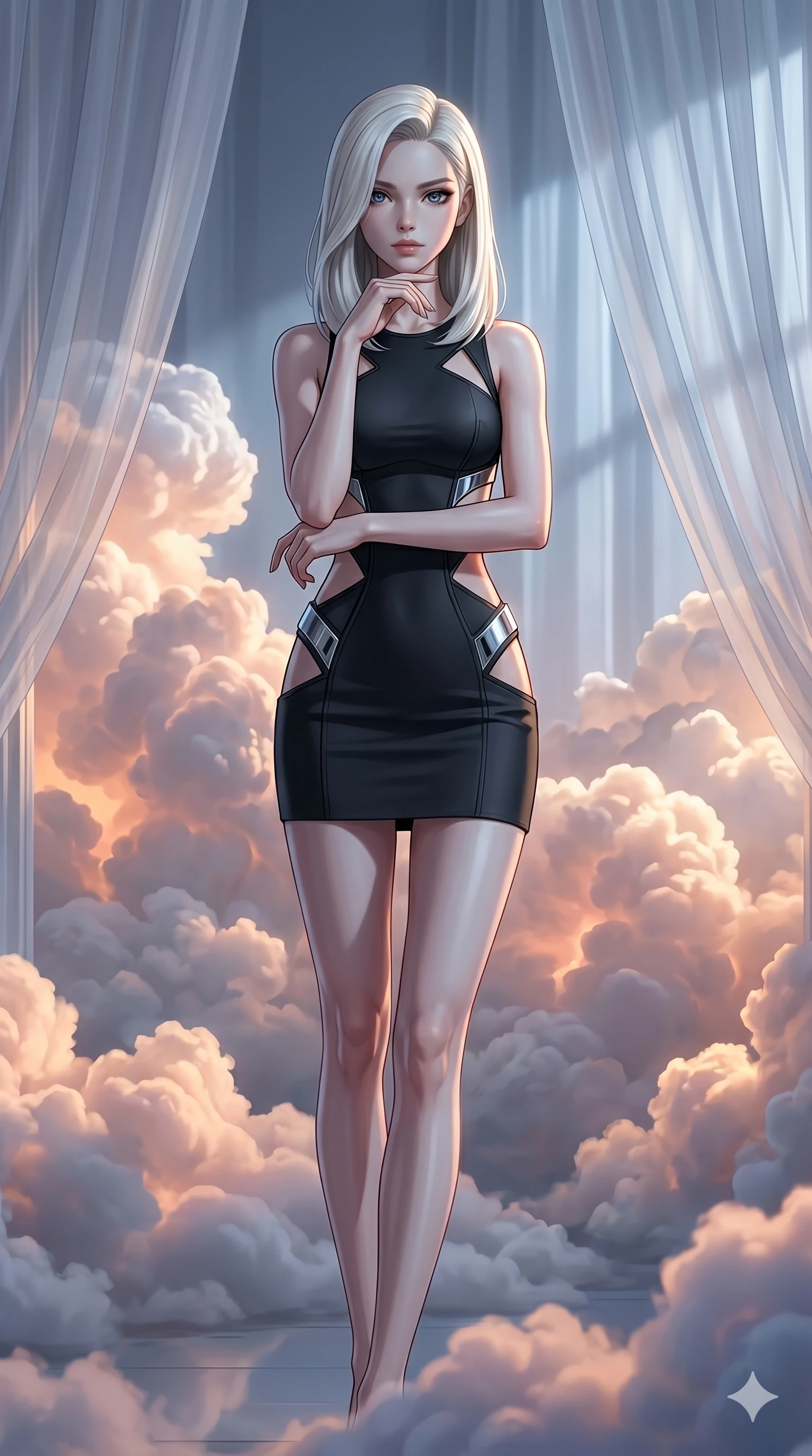 score_9, masterpiece, best quality, ultra-detailed, high-budget anime keyframe, editorial fashion photography, tasteful artistic composition, Caucasian woman, strictly human ears. cowboy shot from the thighs up, character and outfit filling the frame for maximum editorial presence. Resting her chin on the backs of her fingers in a confident pose inside a luminous cloud palace where cumulus formations glow with amber and rose from within. She has an absolutely perfect 8-heads proportion, an exceptionally tall and slender female figure with impossibly long slender legs and an ultra-slim waist. V-shaped jawline, high-bridge nose, intricate jewel-like eyes with depth, thick eyelashes, glossy lips with a natural sheen. wearing a structured matte black mini dress with bold geometric cutouts revealing glimpses of the waist and side torso, framed by chrome architectural hardware against a precision-fitted base. bathed in cold silver moonlight filtered through translucent gossamer curtains casting soft shadows on her curves. 2k, ultra detail, master piece, 9:16 ratio