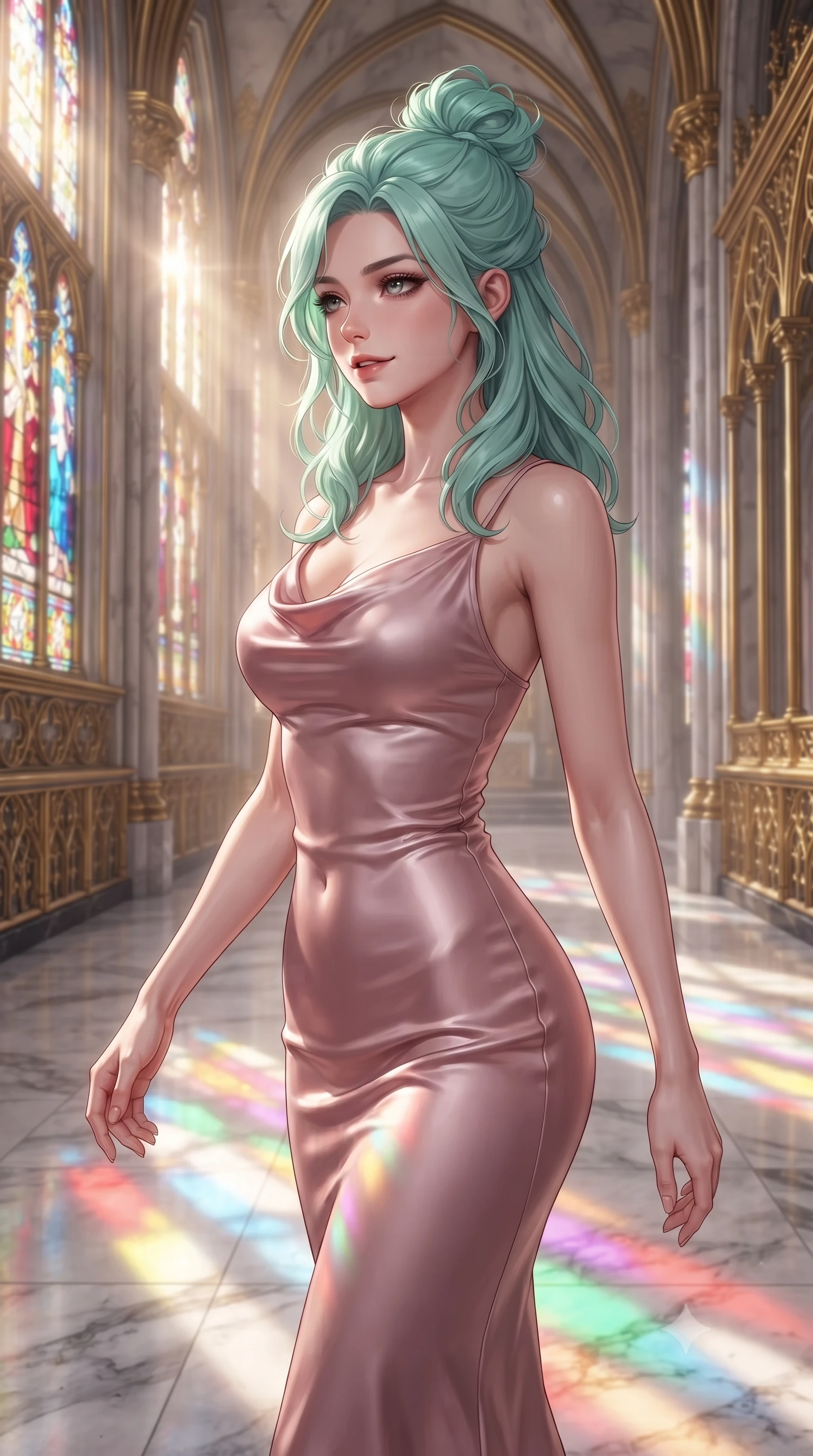 score_9, masterpiece, best quality, ultra-detailed, high-budget anime keyframe, editorial fashion photography, tasteful artistic composition, Japanese woman. close-up cowboy shot from the waist and thighs up, the character dominates the composition, filling the frame with her large presence, background elements kept in soft focus. Glancing sidelong over her shoulder with a smoldering half-smile and heavy lashes walking down a polished marble nave lined with tall stained glass arcades, golden filigree details on the architecture shining with brilliant luster. She has an exceptionally elegant, slender, and willowy female figure with an ultra-slim waist, a gracefully sculpted slender torso, and a refined silhouette. sharp v-shaped jawline, high-bridge nose, intricate jewel-like eyes with depth, thick eyelashes, glossy lips with a natural sheen. wearing an elegant cowl-neck satin midi dress in dusty rose with a graceful draped neckline, the sleek second-skin texture accentuating her magnetic presence. lit by bright sunbursts creating vivid, saturated color projections. ultra-reflective glossy finish, specular highlights, metallic sheen, high-contrast stereoscopic depth, volumetric dynamic lighting, 2k, ultra detail, master piece, 9:16 ratio