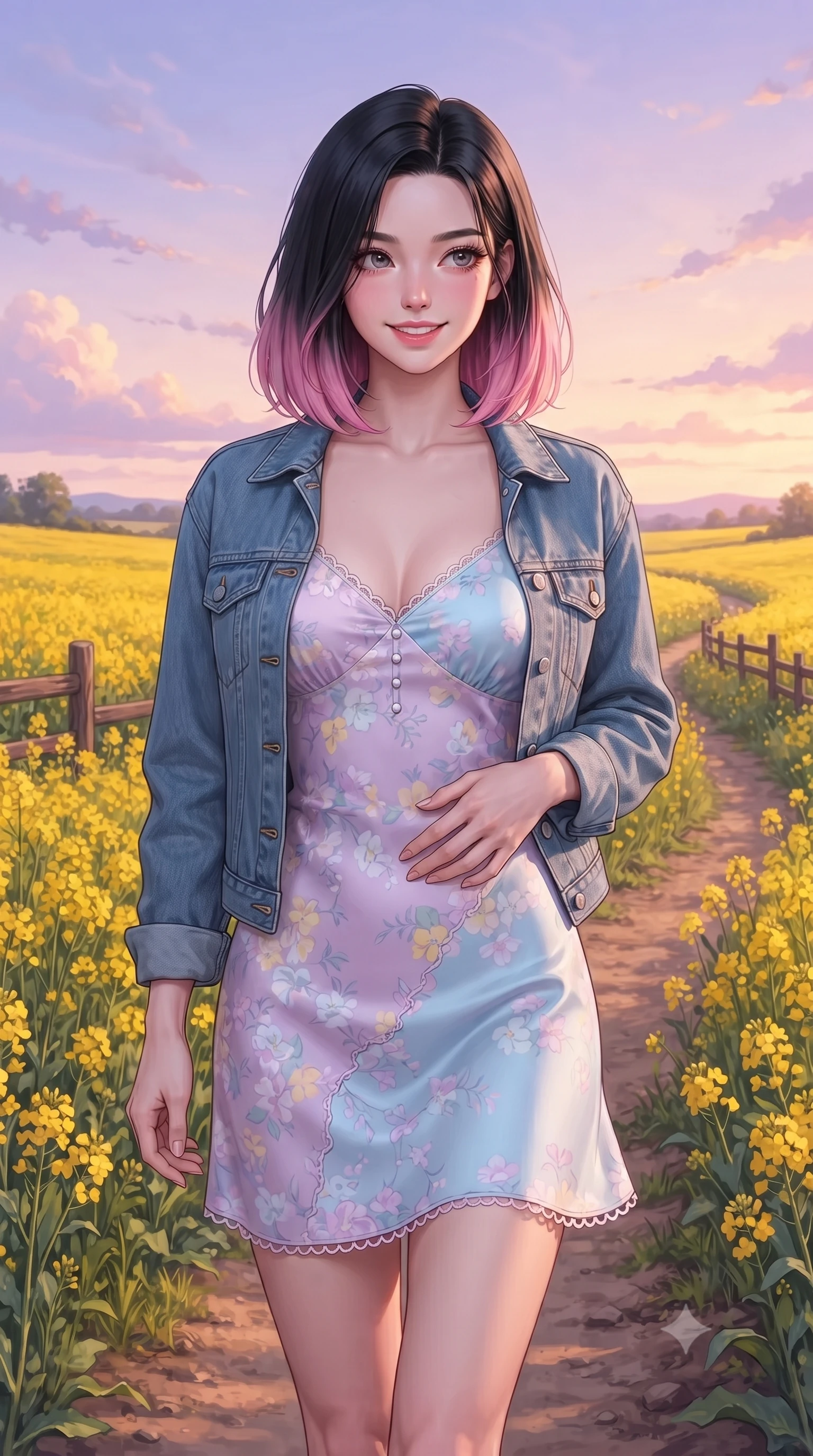 score_9, masterpiece, best quality, ultra-detailed, high-budget anime keyframe, editorial fashion photography, tasteful artistic composition, Korean woman. close-up cowboy shot from the waist and thighs up, the character dominates the composition, filling the frame with her large presence. resting one hand lightly on her waist while casting a charming, captivating side-gaze with thick eyelashes while walking gracefully along a winding dirt path bordered by golden canola blooms as the sunset paints the sky in pastel hues. The surrounding environment is rendered in vivid detail and crisp panoramic clarity. vibrant yellow canola blossoms, rustic farm fences, and glowing evening clouds in high clarity. She has an exceptionally elegant, slender, and willowy female figure with an ultra-slim waist, a gracefully sculpted slender torso, toned flat midriff, and a refined slim silhouette. sharp v-shaped jawline, high-bridge nose, intricate jewel-like eyes with depth, thick eyelashes, glossy lips with a natural sheen, pure and lovely fresh girlhood expression, flawlessly proportioned anatomical accuracy, strict slender model proportions, natural body alignment, perfectly sculpted long slender limbs, ultra-slim waistline, clean dynamic posture without body distortion. wearing a classic denim jacket worn lightly over shoulders with a floral print slip dress underneath in soft pastel lavender and delicate sky blue, crafted from smooth fluid silk satin with a natural gentle sheen, finished with delicate scallop trims and tiny pearl buttons, the body-hugging lightweight knit clinging delicately to her slender torso, accentuating her graceful neck and feminine lines. illuminated by soft amber fill light highlighting her glowing complexion and joyful smile. ultra-reflective glossy finish, specular highlights, rich natural textures, high-contrast stereoscopic depth, volumetric dynamic lighting, 2k, ultra detail, master piece, 9:16 ratio