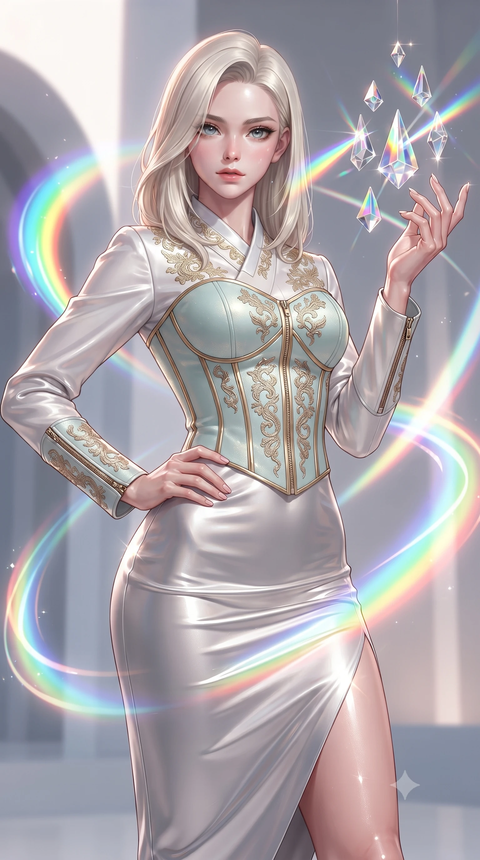 score_9, masterpiece, best quality, ultra-detailed, high-budget anime keyframe, editorial fashion photography, tasteful artistic composition, Caucasian woman. close-up cowboy shot from the waist and thighs up, the character dominates the composition, filling the frame with her large presence, background elements kept in soft focus. Holding a confident power pose with one hand on her hip, interacting with floating glass prisms that refract liquid light into rainbows, glowing neon brushstrokes floating poetically around her silhouette. She has an exceptionally elegant, slender, and willowy female figure with an ultra-slim waist, a gracefully sculpted slender torso, and a refined silhouette. sharp v-shaped jawline, high-bridge nose, intricate jewel-like eyes with depth, thick eyelashes, glossy lips with a natural sheen. wearing modern fusion white hanbok dress with structured gold-embroidered bodice in pale opal seafoam, made of liquid mercury jersey, finished with metallic gold boning and sleek zipper points, contouring every curve with an exceptionally elegant silhouette. bathed in high-contrast vibrant studio lighting with sharp specular highlights. ultra-reflective glossy finish, specular highlights, metallic sheen, high-contrast stereoscopic depth, volumetric dynamic lighting, 2k, ultra detail, master piece, 9:16 ratio
