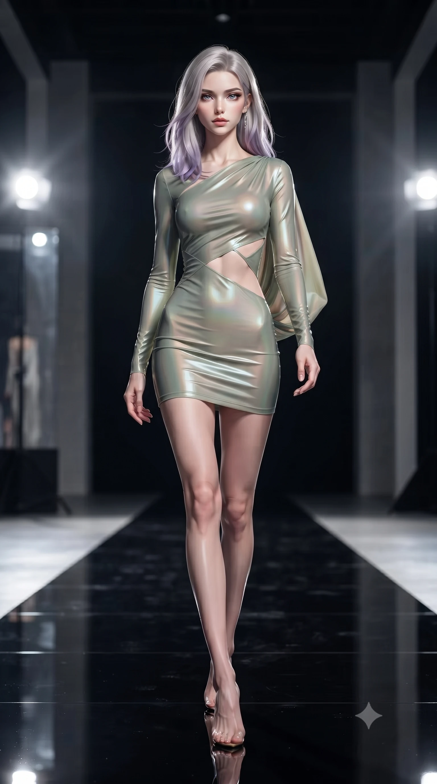 score_9, masterpiece, best quality, ultra-detailed, high-budget anime keyframe, editorial fashion photography, tasteful artistic composition, Caucasian woman. low angle full-body shot from head to toe showing her feet, filling the entire 9:16 vertical frame with her statuesque presence, stretching her vertical silhouette. navigating the luminous space with effortless poise, displaying her perfect model proportions walking down a reflective black runway surrounded by dramatic fashion spotlights, dramatic single fashion spotlights casting razor-sharp shadows on the floor. She has an absolutely perfect, statuesque 8.5-heads proportion, an exceptionally tall and slender model-like female figure with impossibly long slender legs and an ultra-slim waist. sharp v-shaped jawline, high-bridge nose, intricate jewel-like eyes with depth, thick eyelashes, glossy lips with a natural sheen. wearing a precision-fitted liquid jersey bodycon dress with a draped back in sage green and oatmeal, crafted from iridescent chiffon that shifts colors in the light, featuring subtle geometric cutouts that highlight her ultra-slim midriff, the glove-like fit emphasizing her statuesque silhouette. bathed in bright white museum key light with sharp editorial side shadows. ultra-reflective glossy finish, specular highlights, metallic sheen, high-contrast stereoscopic depth, volumetric dynamic lighting, 2k, ultra detail, master piece, 9:16 ratio