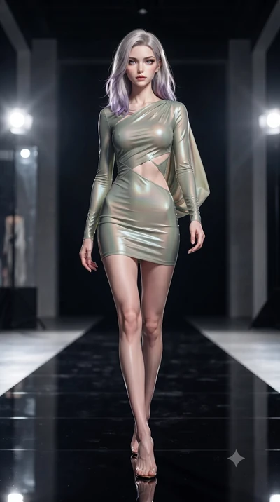 score_9, masterpiece, best quality, ultra-detailed, high-budget anime keyframe, editorial fashion photography, tasteful artistic composition, Caucasian woman. low angle full-body shot from head to toe showing her feet, filling the entire 9:16 vertica