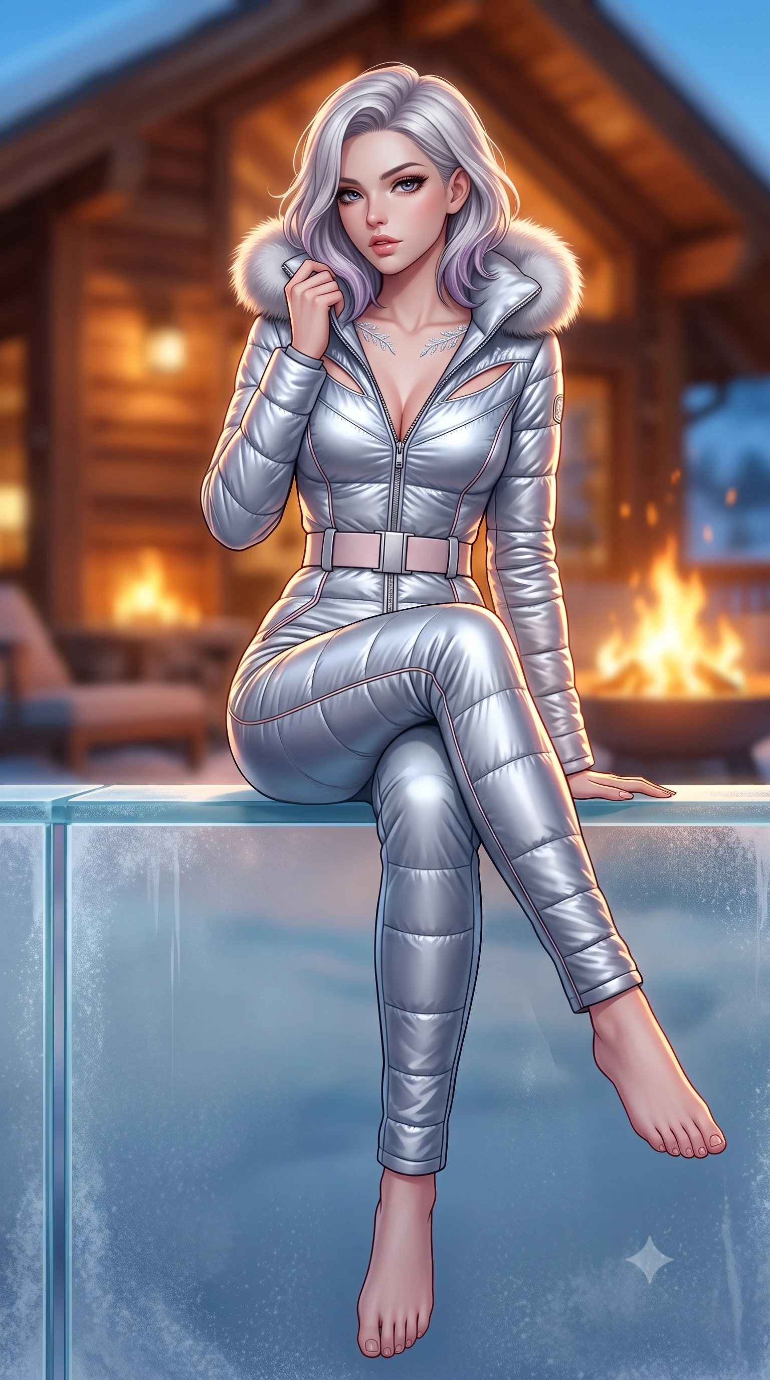 score_9, masterpiece, best quality, ultra-detailed, high-budget anime keyframe, semi-realistic 3D game render, editorial fashion photography, tasteful artistic composition, Caucasian woman. low angle full-body shot from head to toe showing her feet, filling the entire 9:16 vertical frame with her statuesque presence, stretching her vertical silhouette. sitting poised on the elevated edge with legs crossed and extended, her tall 8.5-heads proportions dominating the scene with effortless poise while pivoting gracefully on the frosted glass deck, pulling her fur-trimmed collar close while casting an alluring side-gaze. The composition keeps background elements in soft focus with creamy bokeh. warm glowing chalet timber interiors and outdoor fire pit flames softened in cozy shallow depth of field. She has an absolutely perfect, statuesque 8.5-heads proportion, an exceptionally tall and slender model-like female figure with impossibly long slender legs, a toned flat midriff, and an ultra-slim waist. sharp v-shaped jawline, high-bridge nose, intricate jewel-like eyes with depth, thick eyelashes, glossy parted lips with a natural sheen, intensely captivating and seductive expression, flawlessly proportioned anatomical accuracy, strict slender model proportions, natural body alignment, perfectly sculpted long slender limbs, ultra-slim waistline, clean dynamic posture without body distortion. wearing a form-fitting thermal catsuit with reflective silver piping and an ultra-flattering waist-cinching belt in pale blush pink and frosted silver accents, crafted from metallic silver ripstop nylon with plush goose-down quilting, finished with delicate crystal frost embroidery tracing the collarbones, the precision-cut daring openings accentuating her delicate midriff, graceful bare collarbones, and ultra-slim feminine waistline. bathed in crisp alpine blue sky ambient fill and warm roaring fire pit uplights. highly saturated vibrant anime colors, detailed shading with soft gradients, rich glossy textures, high-contrast stereoscopic depth, volumetric dynamic lighting, master piece, 9:16 ratio