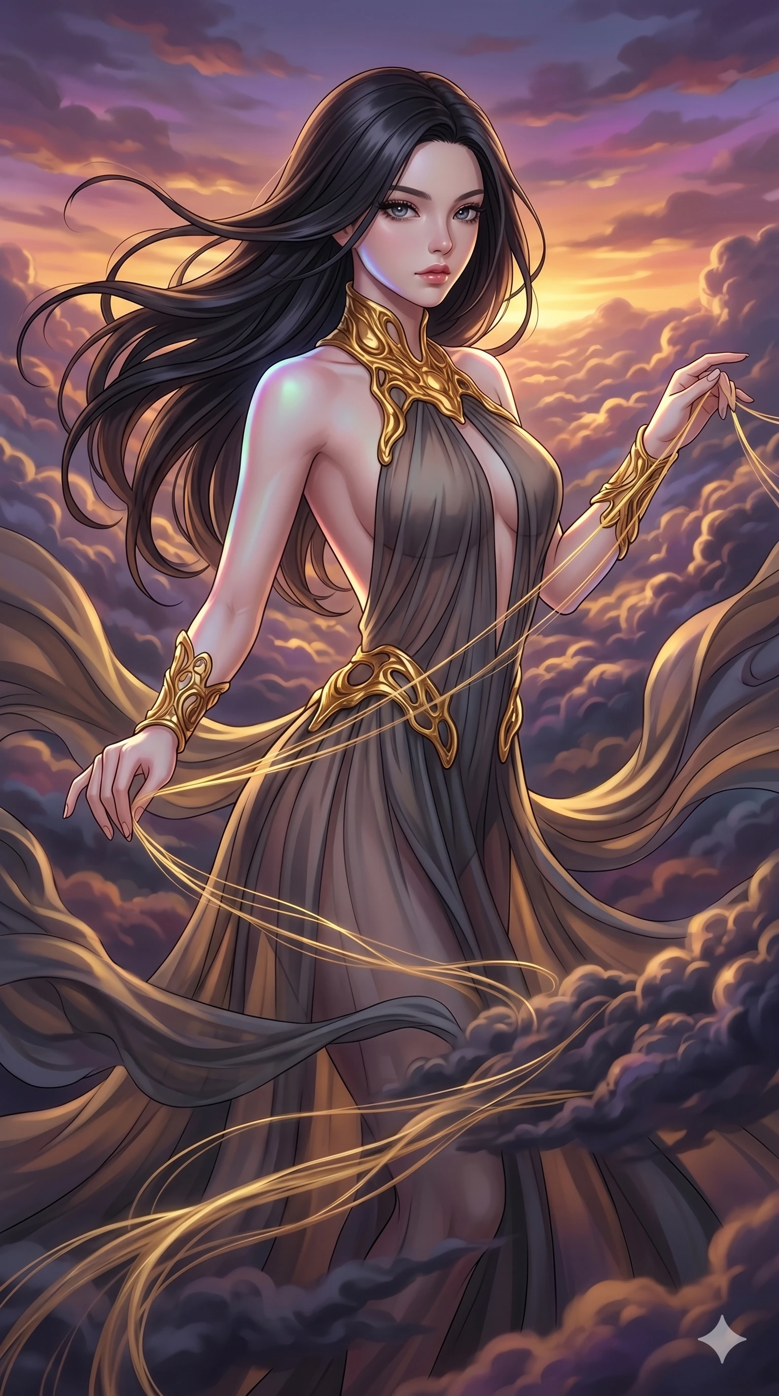score_9, masterpiece, best quality, ultra-detailed, high-budget anime keyframe, Korean woman. upper body close-up from the thighs up, character filling the screen for maximum presence. threading through a volumetric cloud weave where storm clouds are spun like silk thread under a dramatic sunset glow. She has an absolutely perfect 8-heads proportion, an exceptionally tall and slender female figure with impossibly long slender legs and an ultra-slim waist. V-shaped jawline, high-bridge nose, intricate jewel-like eyes with depth, thick eyelashes, glossy lips with a natural sheen.. wearing a molten gold and chiffon gown, featuring organic liquid gold collar and cuffs on a translucent charcoal-gray halter neck chiffon gown with a deep backless design. enhanced by a luminous pastel spectrum glow, casting elegant rim lights on her shoulders and jawline. 2k, ultra detail, master piece, 9:16 ratio