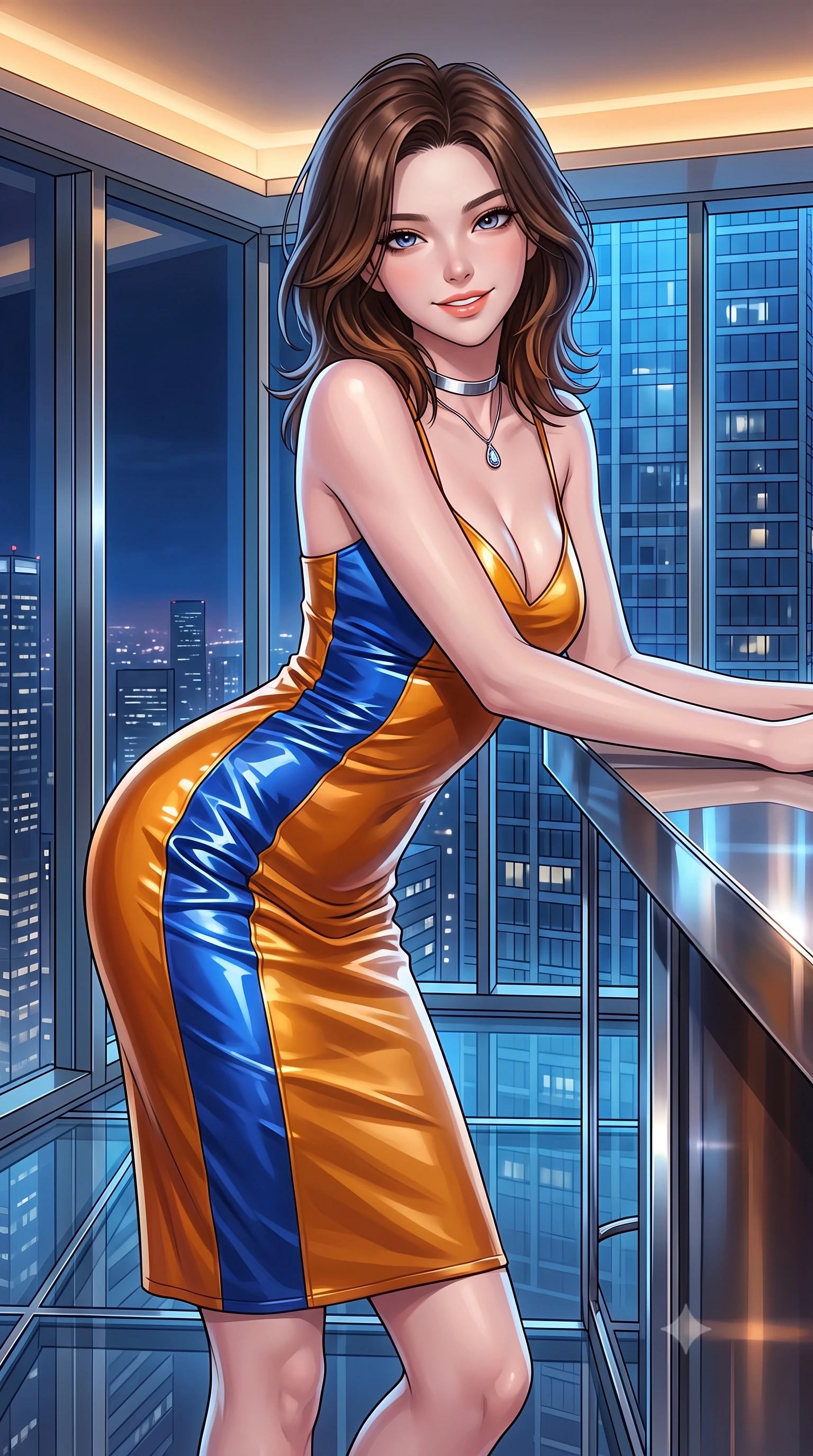 score_9, masterpiece, best quality, ultra-detailed, high-budget anime keyframe, editorial fashion photography, tasteful artistic composition, Korean woman. close-up cowboy shot from the waist and thighs up, the character dominates the composition, filling the frame with her large presence. leaning forward while arching her lower back to accentuate her curvy hips, looking into the camera with an intoxicating smoldering gaze and bedroom-eyes while leaning against the polished chrome bar counter with hips cocked back, looking out through panoramic smart-tint windows with smoldering bedroom-eyes. The surrounding environment is rendered in vivid detail and crisp panoramic clarity: sharp architectural chrome finishes, crystal-clear triple-glazed floor panels, and intricate high-rise facade grids in deep focus. She has an exceptionally elegant, slender, and willowy female figure with an ultra-slim waist, flat toned midriff, narrow ribcage, and sculpted feminine hips creating an alluring, slim hourglass silhouette without bulk. sharp v-shaped jawline, high-bridge nose, intricate jewel-like sparkling eyes with depth, thick eyelashes, glossy parted lips with a natural peach sheen, bright cheerful beaming smile with an enchanting and coquettish sensual glint, exuding both youthful cute charm and seductive allure, flawlessly proportioned anatomical accuracy, strict slender model proportions, natural body alignment, perfectly sculpted long slender limbs, ultra-slim waistline, clean dynamic posture without body distortion. wearing an ultra-sleek high-gloss patent leather sheath dress contouring her ultra-slim waistline and feminine hips in Jovian amber and electric storm cobalt, crafted from fluid liquid silk satin that clings smoothly to her narrow waist and rounded hips with a dewy sheen, finished with a minimalist chrome choker and a single teardrop diamond pendant, the impeccably tailored cut draping gracefully along her slender figure with aristocratic poise. bathed in warm 2700K ambient bar cove lighting paired with cool electric-blue skyscraper panorama radiance. ultra-reflective glossy finish, specular highlights, rich textural contrasts, high-contrast stereoscopic depth, volumetric dynamic lighting, 2k, ultra detail, master piece, 9:16 ratio