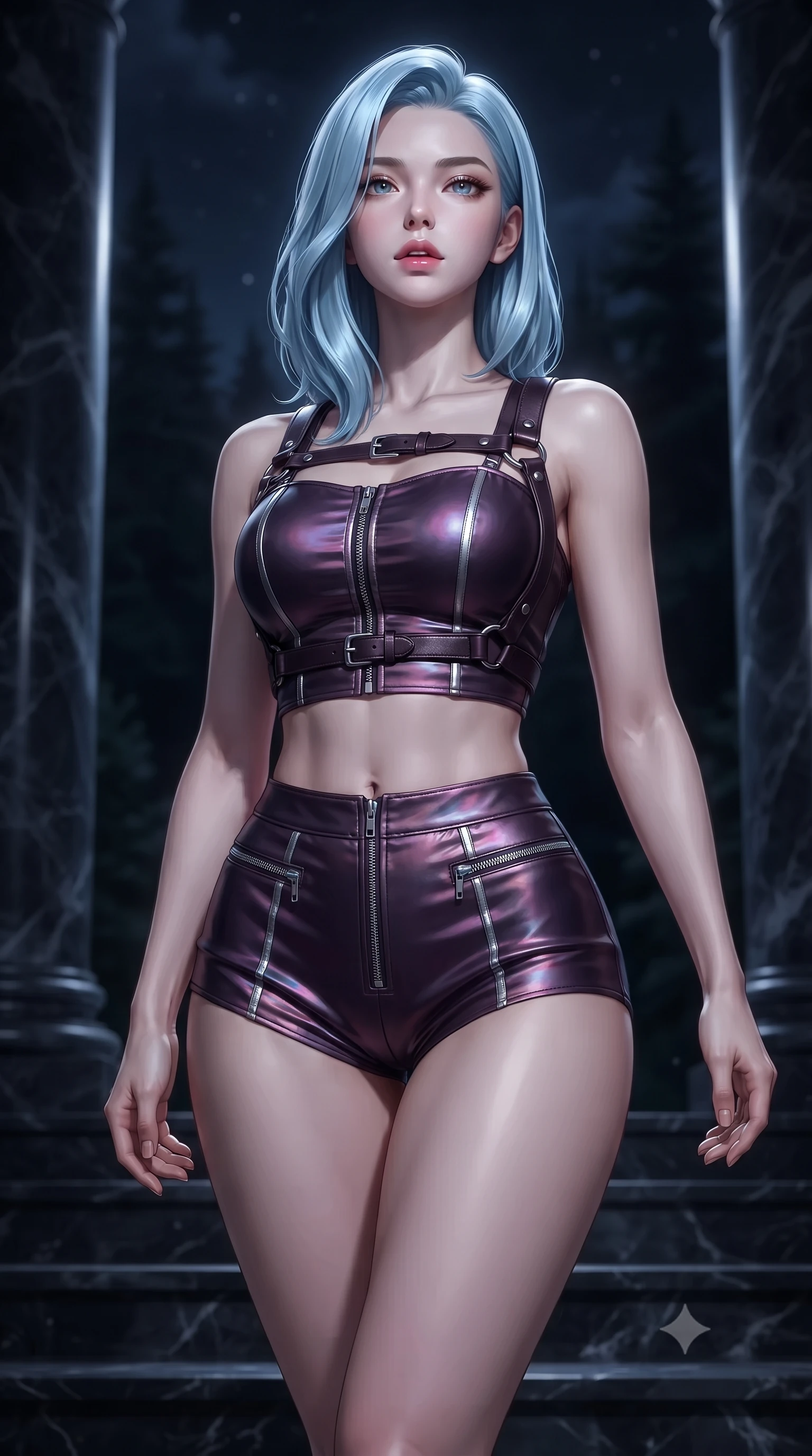 score_9, masterpiece, best quality, ultra-detailed, high-budget anime keyframe, editorial fashion photography, tasteful artistic composition, Korean woman. close-up cowboy shot from the waist and thighs up, the character dominates the composition, filling the frame with her large presence, background elements kept in soft focus. Tilting her chin up slightly with lips parted in a composed, mysterious expression, ascending a dark marble terrace overlooking a pitch-black forested valley, stately dark marble columns swallowing surrounding light into shadows. She has an exceptionally elegant, slender, and willowy female figure with an ultra-slim waist, a gracefully sculpted slender torso, and a refined silhouette. sharp v-shaped jawline, high-bridge nose, intricate jewel-like eyes with depth, thick eyelashes, glossy lips with a natural sheen. wearing high-cut micro-shorts and crop top set with dark leather harness in dark plum violet, made of iridescent dark violet taffeta, finished with metallic silver boning and sleek zipper points, following her slender form with tailored precision. illuminated by brilliant cold silver moonlight and deep obsidian shadows. highly saturated vibrant anime colors, detailed shading with soft gradients, rich glossy textures, high-contrast stereoscopic depth, volumetric dynamic lighting, master piece, 9:16 ratio