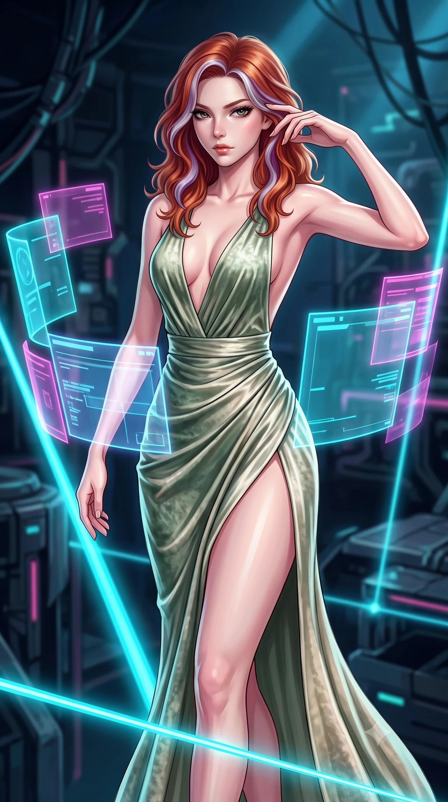 score_9, masterpiece, best quality, ultra-detailed, high-budget anime keyframe, editorial fashion photography, tasteful artistic composition, Caucasian woman. close-up cowboy shot from the waist and thighs up, the character dominates the composition, filling the frame with her large presence, background elements kept in soft focus. Resting her fingers gracefully near her temple, casting a sharp mysterious side-gaze during her stride while balancing dynamically on a high-tension cyan laser wire in a dark cybernetic arena, translucent cyan and magenta holographic panels hovering dynamically around her. She has an exceptionally elegant, slender, and willowy female figure with an ultra-slim waist, a gracefully sculpted slender torso, and a refined silhouette. sharp v-shaped jawline, high-bridge nose, intricate jewel-like eyes with depth, thick eyelashes, glossy lips with a natural sheen, flawlessly proportioned anatomical accuracy, natural body alignment, perfectly sculpted elegant limbs, clean dynamic posture without body distortion. wearing a backless crushed velvet gown with a deep V-neckline and high thigh slit in sage green and oatmeal, crafted from lustrous satin jersey with fluid draping, accented with a Tasteful chest slit framing her clavicle gracefully, the sleek second-skin texture accentuating her magnetic presence. illuminated by radiant holographic displays and intense laser beam highlights. highly saturated vibrant anime colors, detailed shading with soft gradients, rich glossy textures, high-contrast stereoscopic depth, volumetric dynamic lighting, master piece, 9:16 ratio