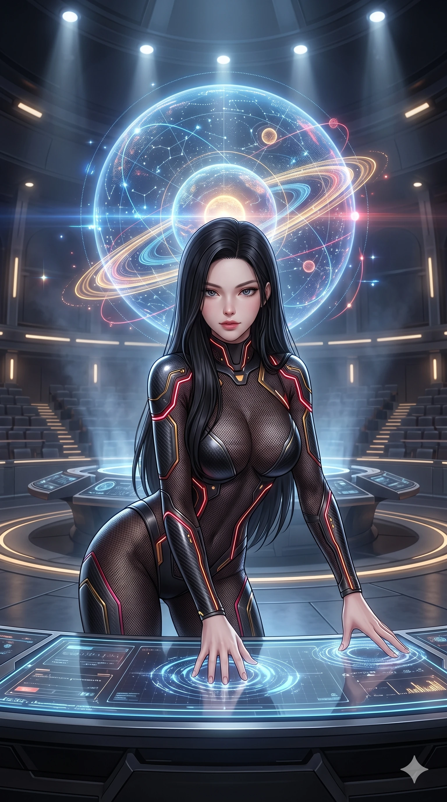 score_9, masterpiece, best quality, ultra-detailed, high-budget anime keyframe, semi-realistic 3D game render, editorial fashion photography, tasteful artistic composition, Korean woman. close-up cowboy shot from the waist and thighs up, the character dominates the composition, filling the frame with her large presence. leaning forward over the holographic console while arching her lower back to accentuate her curvy hips, looking into the camera with an intoxicating smoldering bedroom-gaze while standing in the center of the semicircular amphitheater beneath a colossal floating planetary matrix, arching her spine with sovereign authority as hundreds of holographic diplomatic delegations surround her. The surrounding environment is rendered in vivid detail and crisp panoramic clarity: sharp hand-carved black granite council podium bevels, crisp holographic latitude and longitude planetary grid lines, and polished brass dais inlays in deep focus. She has an exceptionally elegant, slender, and willowy female figure with an ultra-slim waist, flat toned midriff, narrow ribcage, and sculpted feminine hips creating an alluring, slim hourglass silhouette without bulk. sharp v-shaped jawline, high-bridge nose, intricate jewel-like sparkling eyes with depth, thick eyelashes, glossy parted lips with a natural sheen, bright confident smile with an enchanting and coquettish sensual glint, exuding both youthful magnetic charm and sovereign high-tech allure, flawlessly proportioned anatomical accuracy, strict slender model proportions, natural body alignment, perfectly sculpted long slender limbs, ultra-slim waistline, clean dynamic posture without body distortion. wearing a form-contouring semi-opaque dark mesh catsuit with carbon-plated cups and fine lace-pattern panels across her torso in relativistic crimson and blazing accretion gold, crafted from lightweight aerodynamic matte carbon-fiber weave with structural stiffness, accented with illuminated micro-fiber optic circuit threads tracing along her ribs and spine, the form-fitting tactical tailoring adhering flawlessly to her sculpted flat midriff and slender torso, emphasizing her long leg lines and perfectly proportioned willowy build. bathed in the majestic, balanced ambient glow of floating holographic worlds mixed with dramatic overhead parliamentary spotlights. highly saturated vibrant anime colors, detailed shading with soft gradients, rich glossy textures, high-contrast stereoscopic depth, volumetric dynamic lighting, master piece, 9:16 ratio