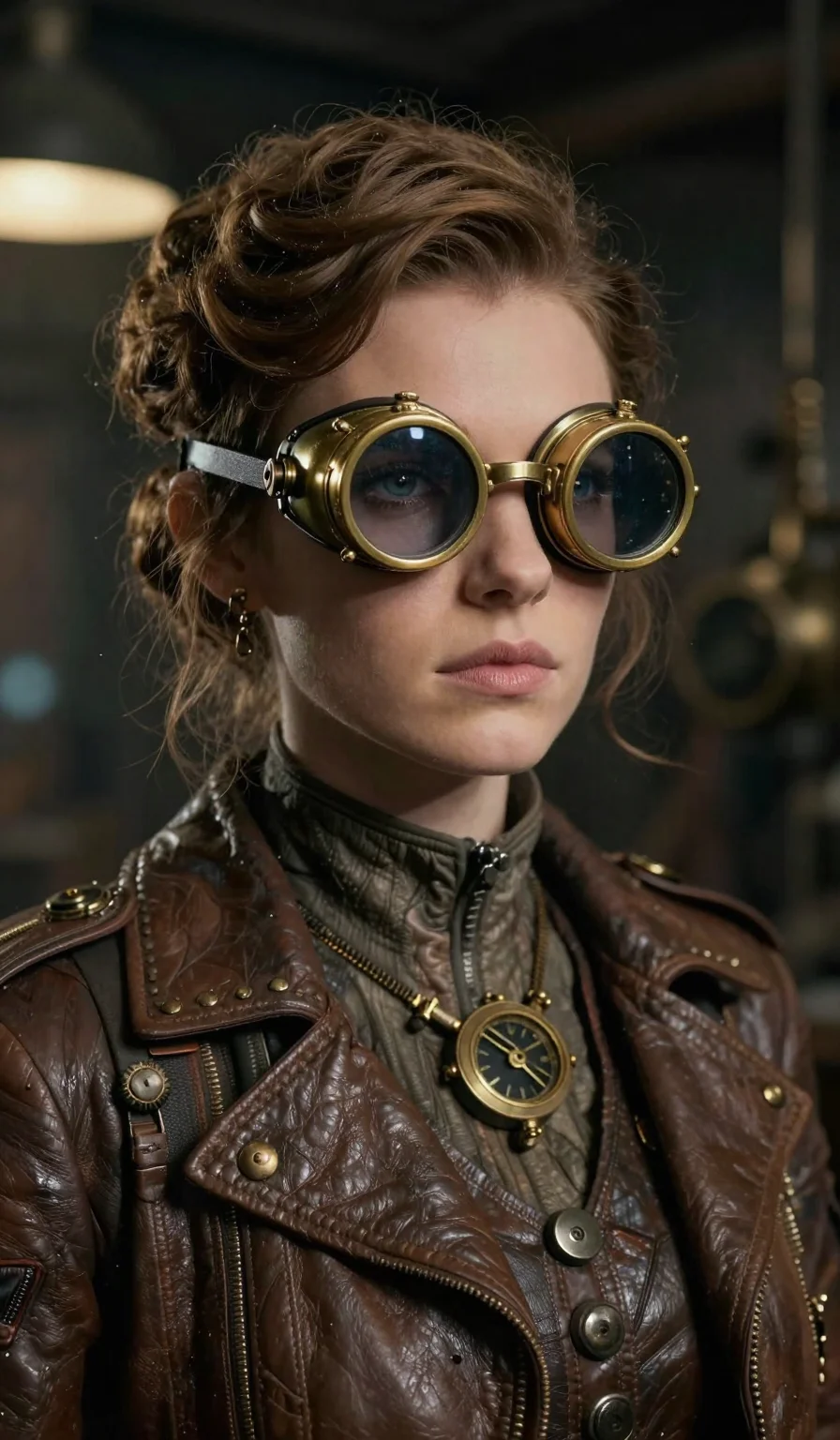 (masterpiece:1.2), best quality, highres, (1girl:1.3), gorgeous woman, steampunk aesthetic, (brass goggles and concert:1.2), industrial workshop, vintage cinematic look, 2k, ultra detail, 9:16 ratio
