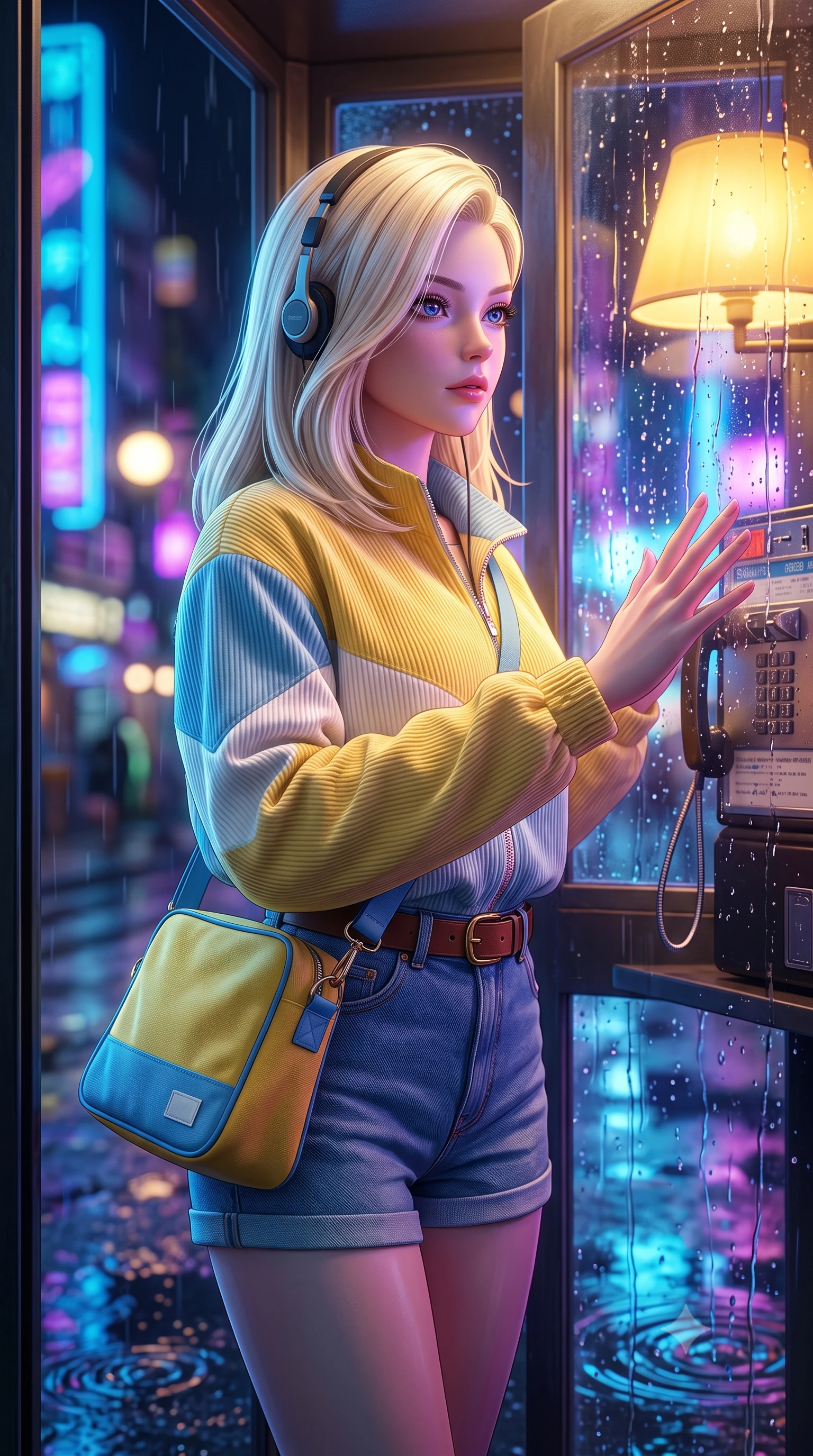 score_9, masterpiece, best quality, ultra-detailed, high-budget anime keyframe, semi-realistic 3D game render, editorial fashion photography, tasteful artistic composition, Caucasian woman. close-up cowboy shot from the waist and thighs up, the character dominates the composition, filling the frame with her large presence. extending one slender arm gracefully toward the foreground while casting an affectionate, mesmerizing glance while pressing her palm lightly against the rain-streaked glass, gazing out into the neon-lit street with wistful, romantic eyes. The composition keeps background elements in soft focus with creamy bokeh. refracted telephone booth light rays and splashing puddle ripples scattering shimmering light motes. She has an exceptionally elegant, slender, and willowy female figure with an ultra-slim waist, a gracefully sculpted slender torso, toned flat midriff, and a refined slim silhouette. sharp v-shaped jawline, high-bridge nose, intricate jewel-like eyes with depth, thick eyelashes, glossy lips with a natural sheen, captivating and magnetic expression, flawlessly proportioned anatomical accuracy, strict slender model proportions, natural body alignment, perfectly sculpted long slender limbs, ultra-slim waistline, clean dynamic posture without body distortion. wearing a retro pastel colorblock windbreaker paired with high-waisted denim shorts and a canvas crossbody bag in sunny retro canary yellow and sky blue, tailored from soft fine-wale corduroy with rich velvety texture, accessorized with a classic leather belt with brass buckle and retro on-ear foam headphones, the liquid-tight tailored fabric emphasizing every curve of her tall, slender model proportions and sculptured silhouette during dynamic movement. bathed in cozy yellow interior phone booth lamp light contrasting with cool neon street reflections outside. highly saturated vibrant anime colors, detailed shading with soft gradients, rich glossy textures, high-contrast stereoscopic depth, volumetric dynamic lighting, master piece, 9:16 ratio