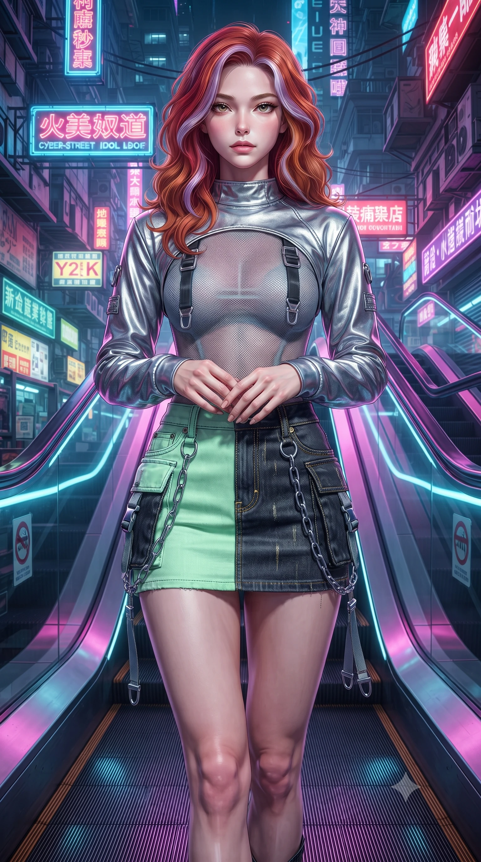 score_9, masterpiece, best quality, ultra-detailed, high-budget anime keyframe, editorial fashion photography, tasteful artistic composition, Caucasian woman. close-up cowboy shot from the waist and thighs up, the character dominates the composition, filling the frame with her large presence. holding her hands loosely in front with regal, aristocratic poise, radiating an overwhelming high-society aura while striding down the neon-drenched escalator with confident Y2K swagger and athletic model poise. The surrounding environment is rendered in vivid detail and crisp panoramic clarity. high-contrast cyberpunk street chiaroscuro and raw urban subway aesthetics rendered with precision. She has an exceptionally elegant, slender, and willowy female figure with an ultra-slim waist, a gracefully sculpted slender torso, toned flat midriff, and a refined slim silhouette. sharp v-shaped jawline, high-bridge nose, intricate jewel-like eyes with depth, thick eyelashes, glossy lips with a natural sheen, captivating and magnetic expression, flawlessly proportioned anatomical accuracy, strict slender model proportions, natural body alignment, perfectly sculpted long slender limbs, ultra-slim waistline, clean dynamic posture without body distortion. wearing a futuristic sheer mesh bodysuit layered under a metallic silver shrug bolero and micro cargo skirt in neon mint green and dark obsidian, tailored from distressed structured cotton denim with metallic thread, accented with hanging industrial clip straps and chrome chain links, the liquid-tight tailored fabric emphasizing every curve of her tall, slender model proportions and sculptured silhouette during dynamic movement. surrounded by an edgy, electrifying, and irresistibly cool cyber-street idol aura. ultra-reflective glossy finish, specular highlights, rich textural contrasts, high-contrast stereoscopic depth, volumetric dynamic lighting, 2k, ultra detail, master piece, 9:16 ratio