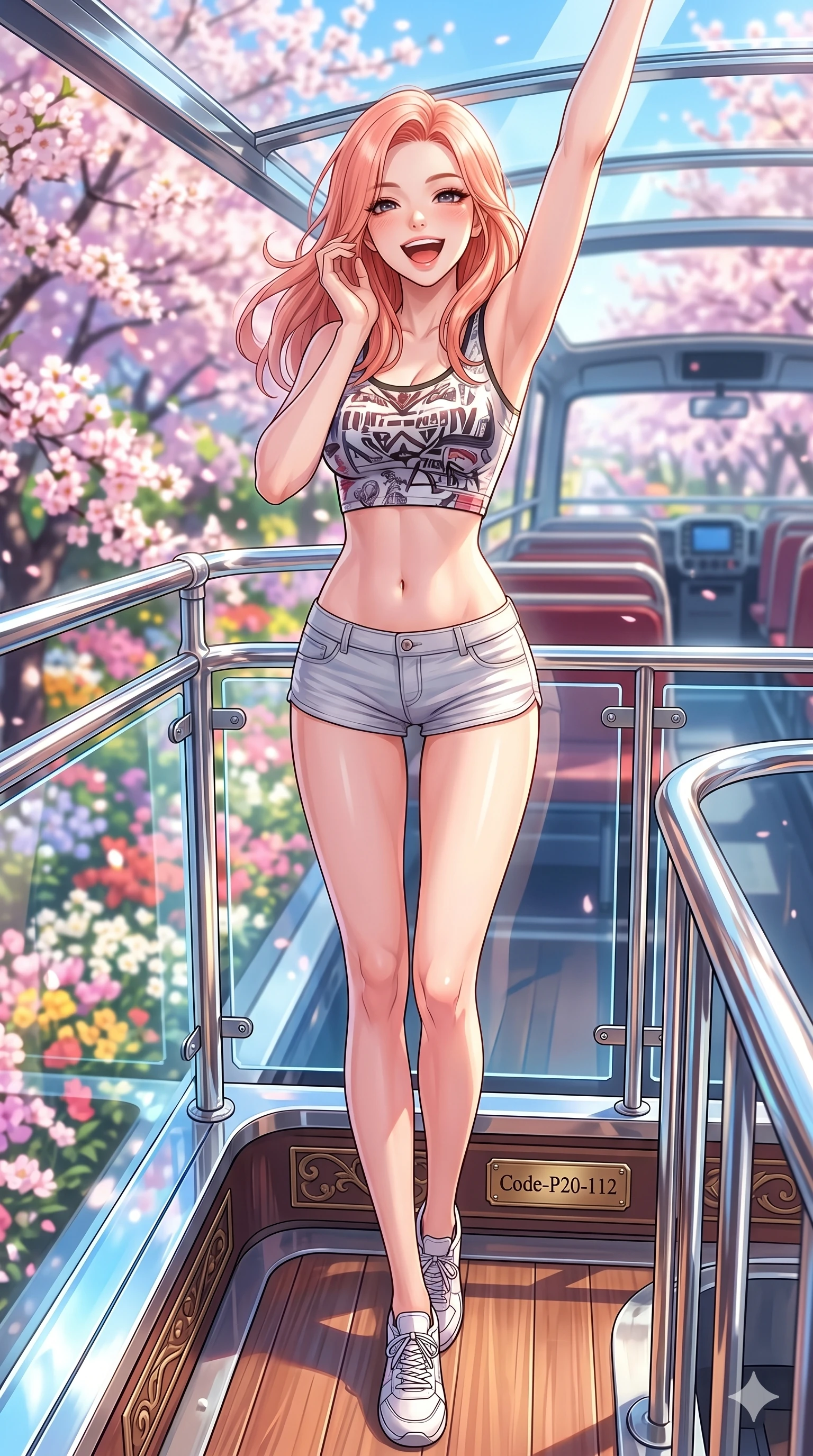 score_9, masterpiece, best quality, ultra-detailed, high-budget anime keyframe, vibrant anime aesthetic, Japanese woman. cowboy shot from the thighs up, character and outfit filling the frame for maximum presence. She is posing with a cheerful laugh, looking directly into the lens with warm eyes on a luxury bus deck in a flower avenue (Code-P20-112). She has an absolutely perfect 8-heads proportion, an exceptionally tall and slender female figure with impossibly long slender legs and an ultra-slim waist. V-shaped jawline, high-bridge nose, intricate jewel-like eyes with depth, thick eyelashes, glossy lips with a natural sheen. wearing a tight crop top with bare midriff and micro-shorts. She is cool, bright sky reflections from all sides, outlining her tall slender figure. 2k, ultra detail, master piece, 9:16 ratio