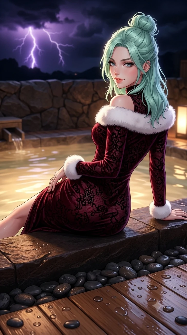 score_9, masterpiece, best quality, ultra-detailed, high-budget anime keyframe, semi-realistic 3D game render, editorial fashion photography, tasteful artistic composition, Japanese woman. close-up cowboy shot from the waist and thighs up, the character dominates the composition, filling the frame with her large presence. posing in an alluring rear three-quarter angle, looking over a bare shoulder with parted glossy lips, her hips cocked back to highlight her slim hourglass curve while reclining on the warm stone ledge with one leg extended, her sculpted silhouette and flat midriff radiating magnetic nocturnal glamour. The surrounding environment is rendered in vivid detail and crisp panoramic clarity: volcanic basalt stone textures, smooth dark river pebbles, and dewy water droplets beading on warm hinoki cypress decking in deep focus. She has an exceptionally elegant, slender, and willowy female figure with an ultra-slim waist, flat toned midriff, narrow ribcage, and sculpted feminine hips creating an alluring, slim hourglass silhouette without bulk. sharp v-shaped jawline, high-bridge nose, sparkling eyes with hypnotic seductive depth, thick curled eyelashes, glossy parted lips with a natural dewy peach sheen, alluring bedroom-eyes with an enchanting coquettish smile, exuding magnetic siren charisma and sophisticated glamour, flawlessly proportioned anatomical accuracy, strict slender model proportions, natural body alignment, perfectly sculpted long slender limbs, ultra-slim waistline, clean dynamic posture without body distortion. wearing an elegant high-neck ribbed knit midi dress with long fitted sleeves and modest calf-length pencil hem in deep bordeaux velvet and delicate black chantilly, spun from ultra-soft fine-gauge Mongolian cashmere with a tactile dewy softness, trimmed with plush white arctic fox faux-fur lining along the collar and cuffs, the impeccably tailored cut draping gracefully along her slender figure with aristocratic futuristic poise. bathed in warm 3200K underwater tub illumination paired with sudden electric purple lightning flashes from passing clouds. highly saturated vibrant anime colors, detailed shading with soft gradients, rich glossy textures, high-contrast stereoscopic depth, volumetric dynamic lighting, master piece, 9:16 ratio