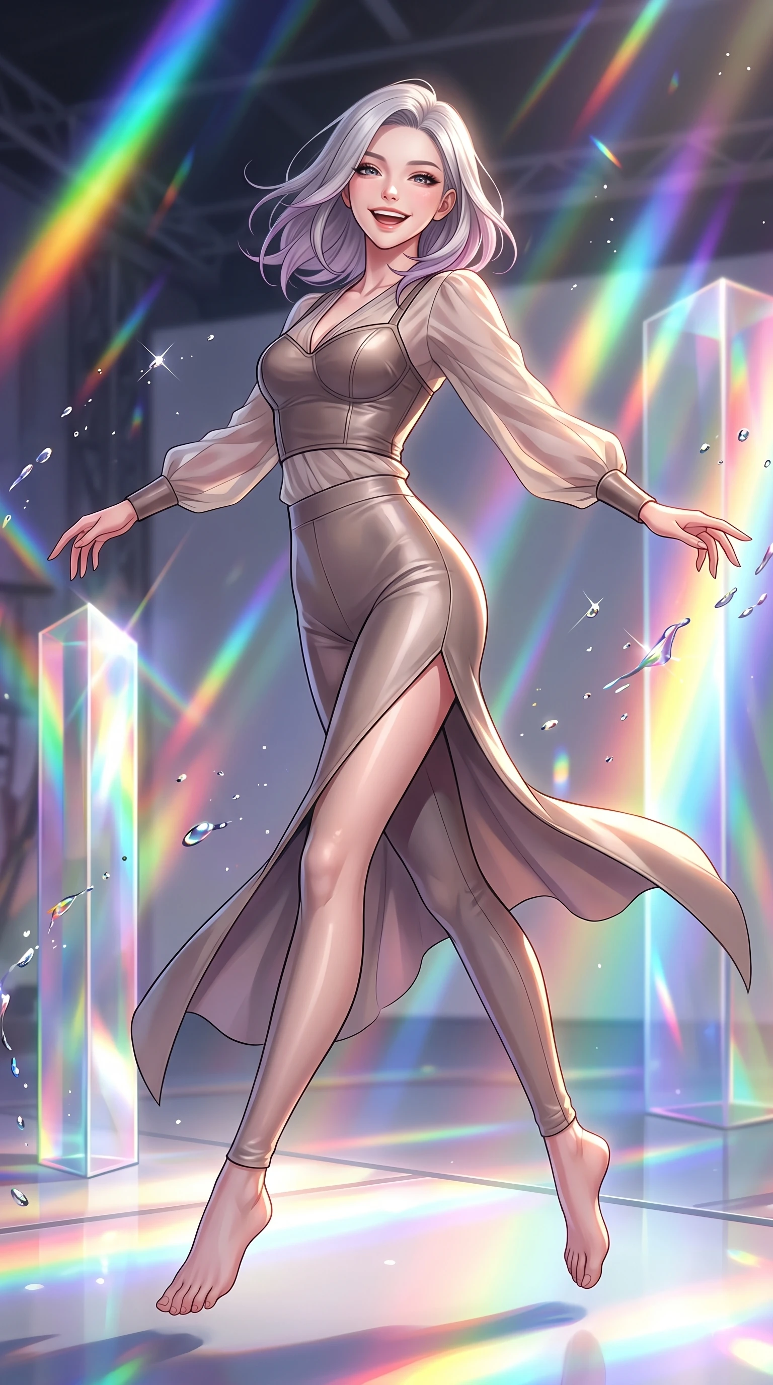 score_9, masterpiece, best quality, ultra-detailed, high-budget anime keyframe, editorial fashion photography, tasteful artistic composition, Caucasian woman. low angle full-body shot from head to toe showing her feet, filling the entire 9:16 vertical frame with her statuesque presence, stretching her vertical silhouette. forging dynamically through the scene with a happy infectious smile, her ultra-slim waist creating a sweeping curve while leaping dynamically through the air with a radiant laughing expression on an open art stage, paint droplets catching sharp specular highlights as she turns with a beaming smile. She has an absolutely perfect, statuesque 8.5-heads proportion, an exceptionally tall and slender model-like female figure with impossibly long slender legs and an ultra-slim waist. sharp v-shaped jawline, high-bridge nose, intricate jewel-like eyes with depth, thick eyelashes, glossy lips with a natural sheen, flawlessly proportioned anatomical accuracy, natural body alignment, perfectly sculpted elegant limbs, clean dynamic posture without body distortion. wearing a tailored leather bustier over a sheer silk chiffon blouse in muted taupe and soft ivory, formed from sleek second-skin neoprene, finished with a sleek side slit ascending to mid-thigh, the sleek second-skin texture accentuating her magnetic presence. illuminated by brilliant multi-color rainbow light refracting through glass prisms. highly saturated vibrant anime colors, detailed shading with soft gradients, rich glossy textures, high-contrast stereoscopic depth, volumetric dynamic lighting, master piece, 9:16 ratio