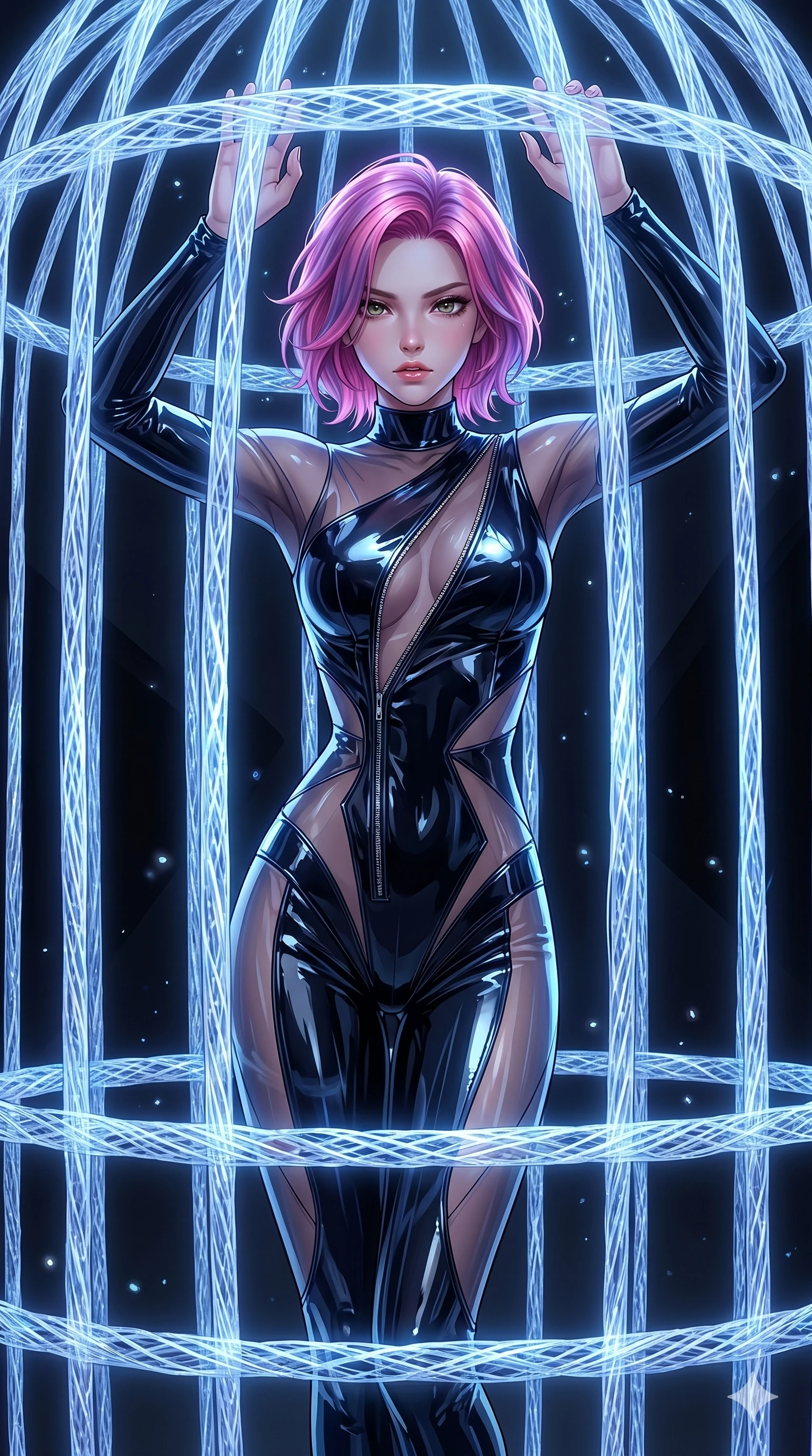 score_9, masterpiece, best quality, ultra-detailed, High-budget Anime Keyframe, East Asian woman. Dynamic full-body shot stretching the vertical silhouette to the limit. Scenario 222: Trapped in a cage of glowing crystalline fibers, body pressing against the bars. Her presence is magnetic and overpowering in this high-budget anime scene. Outfit 222: A patent leather second with a unzipped detail and translucent layers. The clothing is designed to emphasize her exceptionally tall and slender 8-heads proportion. 8-heads proportion, towering silhouette, ultra-slim waist. sharp v-shaped jawline, intricate jewel-like eyes with depth, thick eyelashes, glossy lips. 2k, ultra detail, master piece, 9:16 ratio