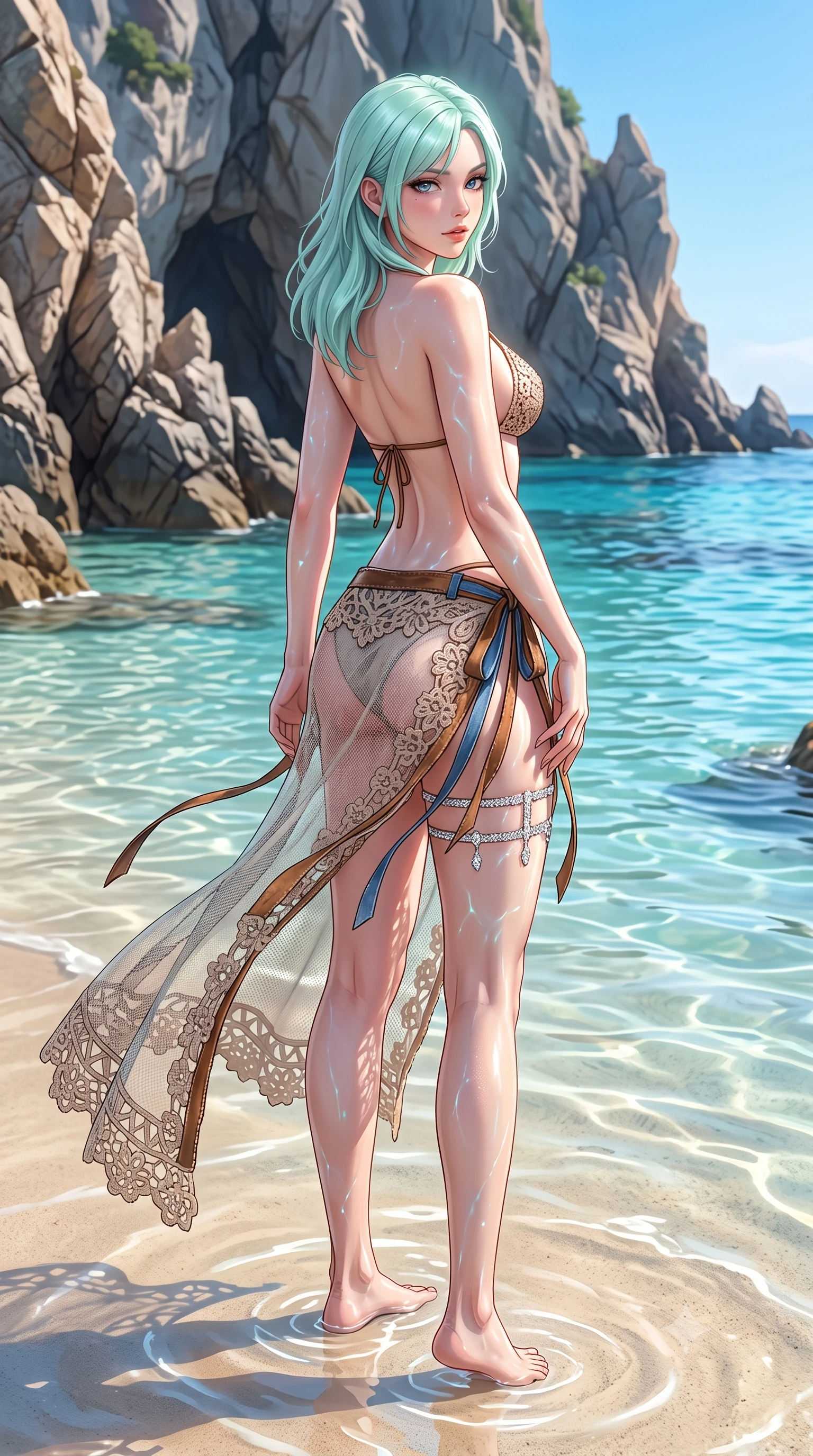 score_9, masterpiece, best quality, ultra-detailed, high-budget anime keyframe, semi-realistic 3D game render, editorial fashion photography, tasteful artistic composition, Japanese woman. low angle full-body shot from head to toe showing her feet, filling the entire 9:16 vertical frame with her statuesque presence, stretching her vertical silhouette. executing a slow, graceful pivot turn as her skirt sways around her slender legs, glancing back with an enchanting, teasing sensual expression while lounging in the shallow water over smooth sand with legs extended, water gently lapping her thighs as she casts a smoldering bedroom-gaze. The surrounding environment is rendered in vivid detail and crisp panoramic clarity: detailed sheer mesh beach sarong weave, dewy skin highlights, and untouched Sardinian coastal geology in razor-sharp precision. She has an absolutely perfect, statuesque 8.5-heads proportion, an exceptionally tall and slender model-like female figure with impossibly long slender legs, an ultra-slim waist, a flat toned midriff, narrow delicate ribcage, and beautifully sculpted feminine hips creating a graceful, slim hourglass silhouette without any bulky heaviness. sharp v-shaped jawline, high-bridge nose, sparkling eyes with hypnotic seductive depth, thick curled eyelashes, glossy parted lips with a natural dewy peach sheen, alluring bedroom-eyes with an enchanting coquettish smile, exuding magnetic siren charisma and sophisticated glamour, flawlessly proportioned anatomical accuracy, strict slender model proportions, natural body alignment, perfectly sculpted long slender limbs, ultra-slim waistline, clean dynamic posture without body distortion. wearing a provocative high-neck sheer illusion beach coverup with liquid satin ribbons contouring her curves in distressed whiskey leather brown and sun-bleached denim blue, made of delicate semi-sheer crochet lace with intricate openwork floral knit, finished with delicate crystal-encrusted thigh garter straps glinting in the sunlight, the liquid-tight tailored fabric clinging flawlessly to her narrow waist and rounded feminine hips, emphasizing every millimeter of her sculpted slim hourglass curves without any bulky heaviness. illuminated by lagoon water caustic bounce and sharp platinum rim lights defining her delicate clavicles, narrow waist, and curvy hips. highly saturated vibrant anime colors, detailed shading with soft gradients, rich glossy textures, high-contrast stereoscopic depth, volumetric dynamic lighting, master piece, 9:16 ratio