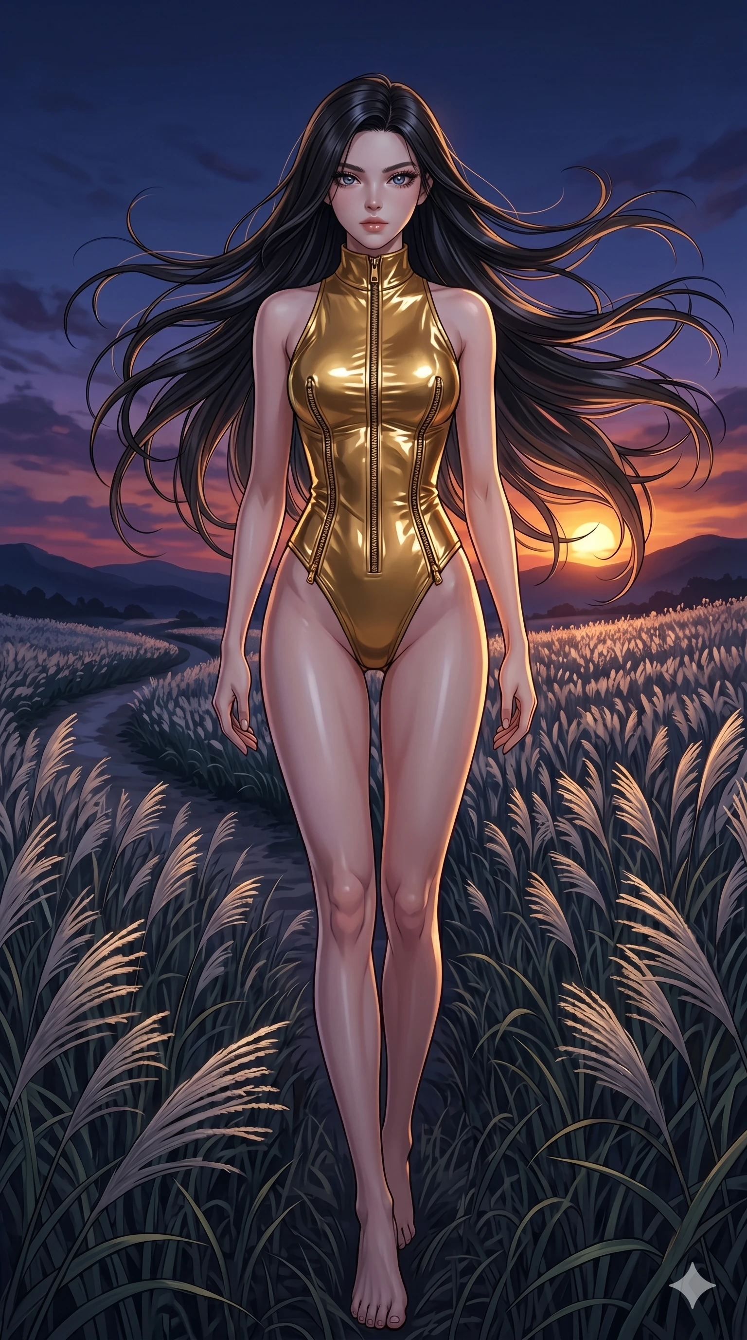 score_9, masterpiece, best quality, ultra-detailed, High-budget Anime Keyframe, East Asian woman. Dynamic full-body shot stretching the vertical silhouette to the limit. Scenario 158: Walking through a field of tall silver grass at twilight. Her presence is magnetic and overpowering in this high-budget anime scene. Outfit 158: A patent leather gold with a unzipped detail and wet-look texture. The clothing is designed to emphasize her exceptionally tall and slender 8-heads proportion. 8-heads proportion, towering silhouette, ultra-slim waist. sharp v-shaped jawline, intricate jewel-like eyes with depth, thick eyelashes, glossy lips. 2k, ultra detail, master piece, 9:16 ratio