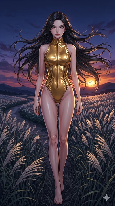 score_9, masterpiece, best quality, ultra-detailed, High-budget Anime Keyframe, East Asian woman. Dynamic full-body shot stretching the vertical silhouette to the limit. Scenario 158: Walking through a field of tall silver grass at twilight. Her pres