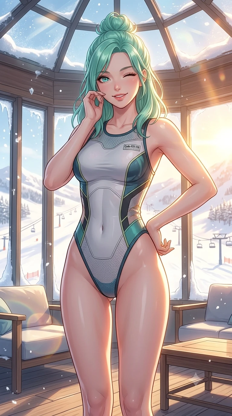 score_9, masterpiece, best quality, ultra-detailed, high-budget anime keyframe, vibrant anime aesthetic, Japanese woman. cowboy shot from the thighs up, character and outfit filling the frame for maximum presence. She is standing in the winter sun, winking and smiling delightfully at the camera in snow inside a ski clubhouse lounge facing white slopes (Code-P21-119). She has an absolutely perfect 8-heads proportion, an exceptionally tall and slender female figure with impossibly long slender legs and an ultra-slim waist. V-shaped jawline, high-bridge nose, intricate jewel-like eyes with depth, thick eyelashes, glossy lips with a natural sheen. wearing a sleek swimsuit with high-cut leg lines and exposed waist in winter. She is warm glowing resort light filtering through the glass dome in snow, outlining her features. 2k, ultra detail, master piece, 9:16 ratio