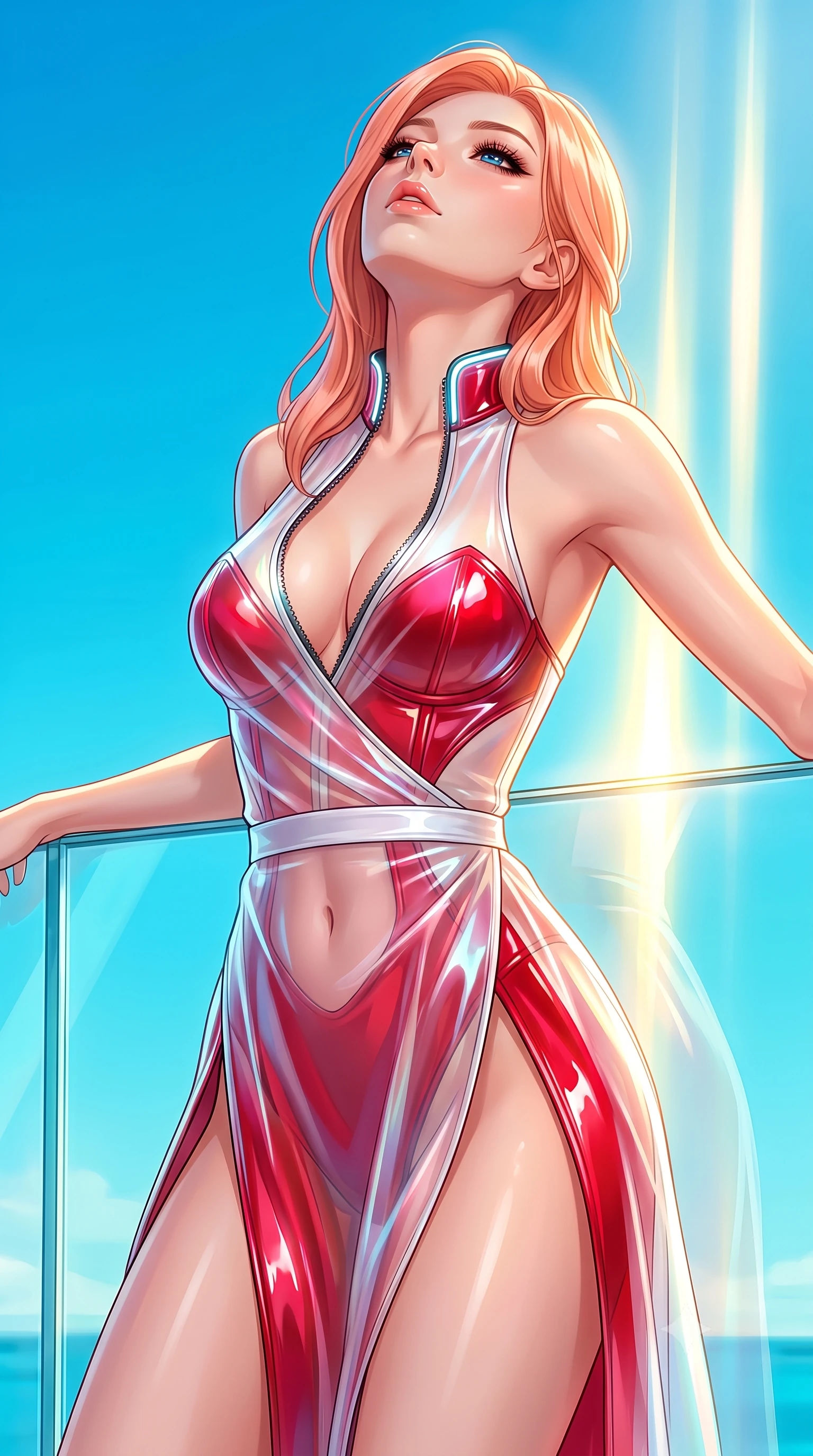 score_9, masterpiece, best quality, ultra-detailed, high-budget anime keyframe, semi-realistic 3D game render, editorial fashion photography, tasteful artistic composition, Japanese woman. close-up cowboy shot from the waist and thighs up, the character dominates the composition, filling the frame with her large presence. tilting her head back with a sensual alluring expression, exposing her throat and shoulders to the camera with heavy lashes and softly parted glossy lips while stretching her slender torso along a sunlit glass balustrade with endless turquoise sky stretching in all directions. The surrounding environment is rendered in vivid detail and crisp panoramic clarity. vivid high-contrast natural gemstone colors and solar brilliance rendered in panoramic precision. She has an exceptionally elegant, slender, and willowy female figure with an ultra-slim waist, a gracefully sculpted slender torso, toned flat midriff, and a refined slim silhouette. sharp v-shaped jawline, high-bridge nose, intricate jewel-like eyes with depth, thick eyelashes, glossy lips with a natural sheen, flawlessly proportioned anatomical accuracy, strict slender model proportions, natural body alignment, perfectly sculpted long slender limbs, ultra-slim waistline, clean dynamic posture without body distortion. wearing a translucent iridescent organza wrap dress with structured bustier boning, plunging neckline, and high-cut dual leg slits in radiant crimson silk and crisp snow white, formed from high-gloss patent material with specular light reflections, featuring a dangerously unzipped neckline framed by glowing cybernetic accents, the sleek second-skin cut tightly hugging her graceful clavicle, narrow waist, and feminine curves with athletic precision. bathed in intense vertical golden sunbursts and rich sky-blue ambient bounce light. highly saturated vibrant anime colors, detailed shading with soft gradients, rich glossy textures, high-contrast stereoscopic depth, volumetric dynamic lighting, master piece, 9:16 ratio