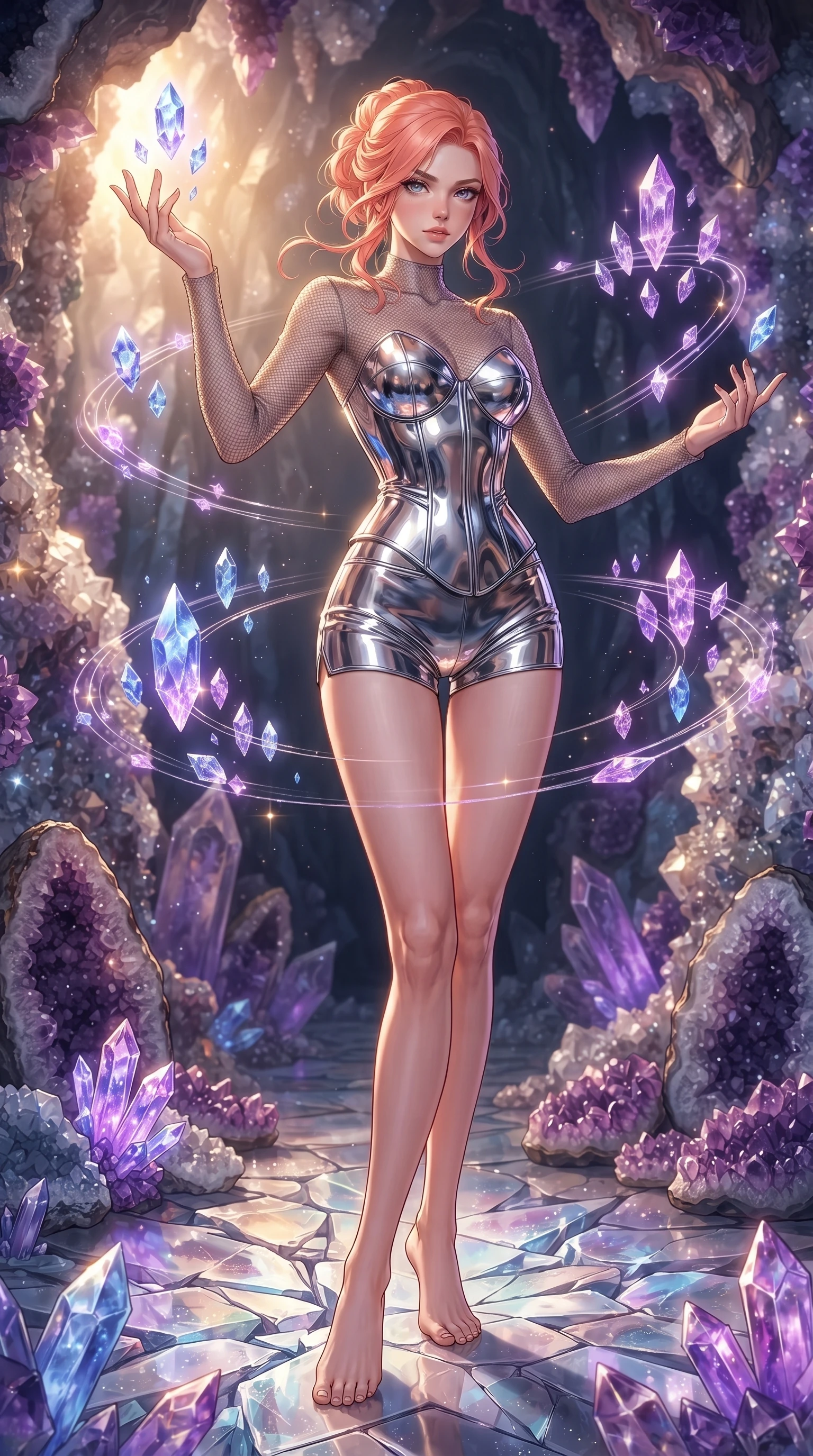 score_9, masterpiece, best quality, ultra-detailed, high-budget anime keyframe, editorial fashion photography, tasteful artistic composition, Japanese woman. low angle full-body shot from head to toe showing her feet, filling the entire 9:16 vertical frame with her statuesque presence, stretching her vertical silhouette. interacting gracefully with the magical floating elements while maintaining a confident posture guiding floating sapphire light crystals inside a deep mineral sanctuary, floating amethyst clusters drifting in smooth circular orbits. She has an absolutely perfect, statuesque 8.5-heads proportion, an exceptionally tall and slender model-like female figure with impossibly long slender legs and an ultra-slim waist. sharp v-shaped jawline, high-bridge nose, intricate jewel-like eyes with depth, thick eyelashes, glossy lips with a natural sheen. wearing a metallic chrome-plated structured bodice worn over a sheer mesh-textured top and micro-shorts, the elegant draped fit framing her graceful clavicle and slender torso. lit by warm golden sunlight colliding with cool violet crystal illumination. ultra-reflective glossy finish, specular highlights, metallic sheen, high-contrast stereoscopic depth, volumetric dynamic lighting, 2k, ultra detail, master piece, 9:16 ratio