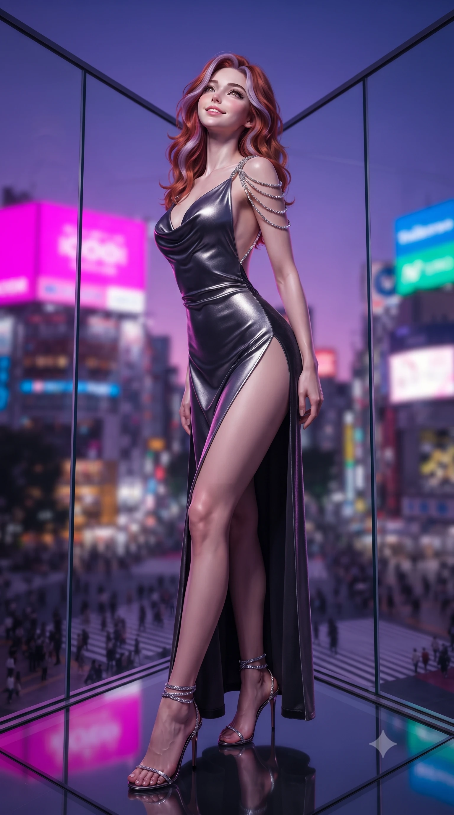 score_9, masterpiece, best quality, ultra-detailed, high-budget anime keyframe, editorial fashion photography, tasteful artistic composition, Caucasian woman. low angle full-body shot from head to toe showing her feet, filling the entire 9:16 vertical frame with her statuesque presence, stretching her vertical silhouette. sitting poised on the stone steps with one knee bent, arching her spine with supermodel elegance as she glances upward through thick eyelashes while standing poised on the glass corner platform 230 meters above Shibuya, arching her spine with supermodel poise as twilight deepens. The background shows a soft-focus colossal Shibuya Crossing with tiny pedestrian crowds, massive neon video billboards, and dense Tokyo skyline blurred into electric magenta, cyan, and amber bokeh. She has an exceptionally tall and slender model-like 8.5-heads proportion, an ultra-slim waist, a flat toned midriff, narrow delicate ribcage, and beautifully sculpted feminine hips creating a graceful, slim hourglass silhouette without any bulky heaviness, with impossibly long slender legs. sharp v-shaped jawline, high-bridge nose, intricate jewel-like sparkling eyes with depth, thick eyelashes, glossy parted lips with a natural peach sheen, bright cheerful beaming smile with an enchanting and coquettish sensual glint, exuding both youthful cute charm and seductive allure, flawlessly proportioned anatomical accuracy, strict slender model proportions, natural body alignment, perfectly sculpted long slender limbs, ultra-slim waistline, clean dynamic posture without body distortion. wearing a plunging cowl-neck liquid satin resort gown with dramatic hip-high side slits and crystal shoulder cords in smoky charcoal noir and reflective metallic platinum, tailored from ultra-plush silk velvet with rich tactile depth and deep shadow gradients, complemented by strappy stiletto sandals with crystal ankle wraps accentuating her slender calves, the precision-cut side openings and low-back scoop framing her graceful spine and the sensual sweep of her slim, toned hips. bathed in the breathtaking contrast of violet dusk sky and blinding saturated neon magenta and cyan billboard backlighting. ultra-reflective glossy finish, specular highlights, rich textural contrasts, high-contrast stereoscopic depth, volumetric dynamic lighting, 2k, ultra detail, master piece, 9:16 ratio
