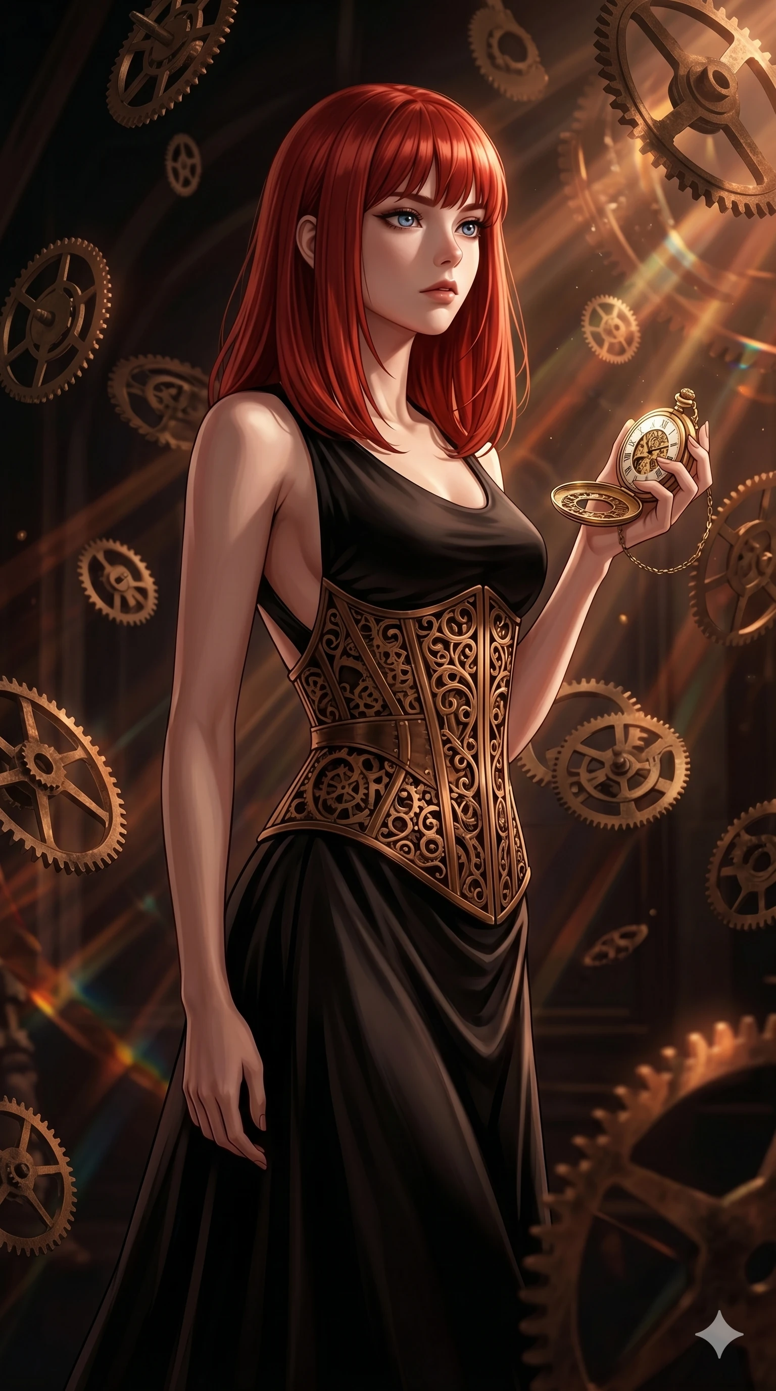 score_9, masterpiece, best quality, ultra-detailed, high-budget anime keyframe, editorial fashion photography, tasteful artistic composition, Caucasian woman, strictly human ears. cowboy shot from the thighs up, character and outfit filling the frame for maximum editorial presence. holding a golden pocket watch, looking past the camera with a thoughtful, focused expression inside a temporal rift room with floating antique gears (Code-P16-082). She has an absolutely perfect 8-heads proportion, an exceptionally tall and slender female figure with impossibly long slender legs and an ultra-slim waist. V-shaped jawline, high-bridge nose, intricate jewel-like eyes with depth, thick eyelashes, glossy lips with a natural sheen. wearing a structured bronze gear corset over a black silk dress with a scooped open back. amber and copper light rays refracting through the gears, creating deep dramatic shadows. 2k, ultra detail, master piece, 9:16 ratio