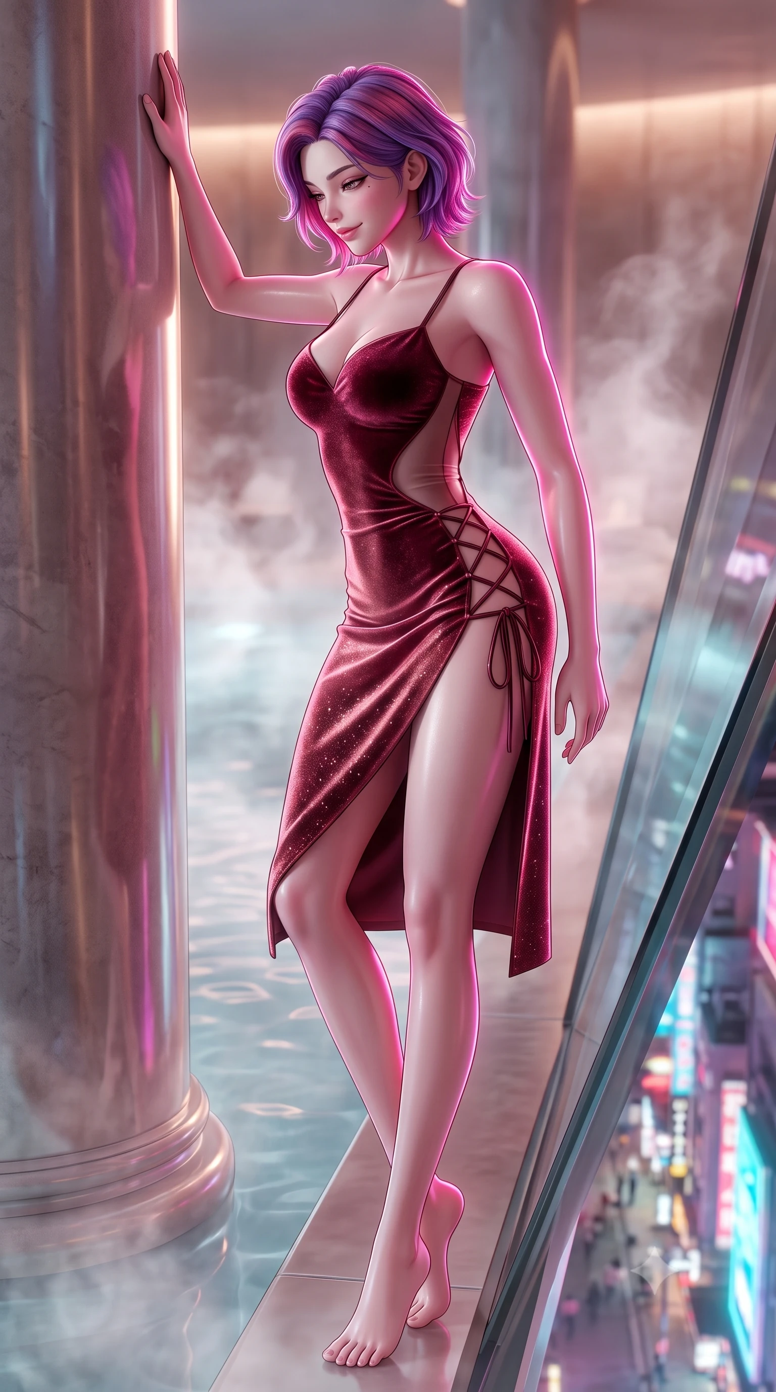 score_9, masterpiece, best quality, ultra-detailed, high-budget anime keyframe, semi-realistic 3D game render, editorial fashion photography, tasteful artistic composition, Caucasian woman. low angle full-body shot from head to toe showing her feet, filling the entire 9:16 vertical frame with her statuesque presence, stretching her vertical silhouette. standing tall beside the architectural column, one hand resting high while arching her lower back to emphasize her sculpted feminine hips and slender waist while leaning against the outward-canted glass with hips cocked back, looking down through steaming thermal water at the bustling neon streets. The background shows a soft-focus rising thermal water vapor softened in cinematic cyberpunk luxury shallow focus. She has an absolutely perfect, statuesque 8.5-heads proportion, an exceptionally tall and slender model-like female figure with impossibly long slender legs, an ultra-slim waist, a flat toned midriff, narrow delicate ribcage, and beautifully sculpted feminine hips creating a graceful, slim hourglass silhouette without any bulky heaviness. sharp v-shaped jawline, high-bridge nose, sparkling eyes with hypnotic seductive depth, thick curled eyelashes, glossy parted lips with a natural dewy peach sheen, alluring bedroom-eyes with an enchanting coquettish smile, exuding magnetic siren charisma and sophisticated glamour, flawlessly proportioned anatomical accuracy, strict slender model proportions, natural body alignment, perfectly sculpted long slender limbs, ultra-slim waistline, clean dynamic posture without body distortion. wearing a deep sweetheart-neckline velvet bodycon dress with sheer side-torso cutouts accentuating her hourglass curves in smoldering Chianti crimson wine and deep rose-gold, woven from stretch metallic lurex jersey casting radiant starlight glints across her silhouette, featuring fine criss-cross lace-up side ties revealing tantalizing glimpses of her hip curve, the high-slit wrap tailoring accentuating her ultra-slim waistline and the enchanting curve of her feminine hips with alluring seductive charm. illuminated by thermal water reflection bounce and sharp electric-pink rim lights sculpting her jawline, flat midriff, and curvy hips. highly saturated vibrant anime colors, detailed shading with soft gradients, rich glossy textures, high-contrast stereoscopic depth, volumetric dynamic lighting, master piece, 9:16 ratio